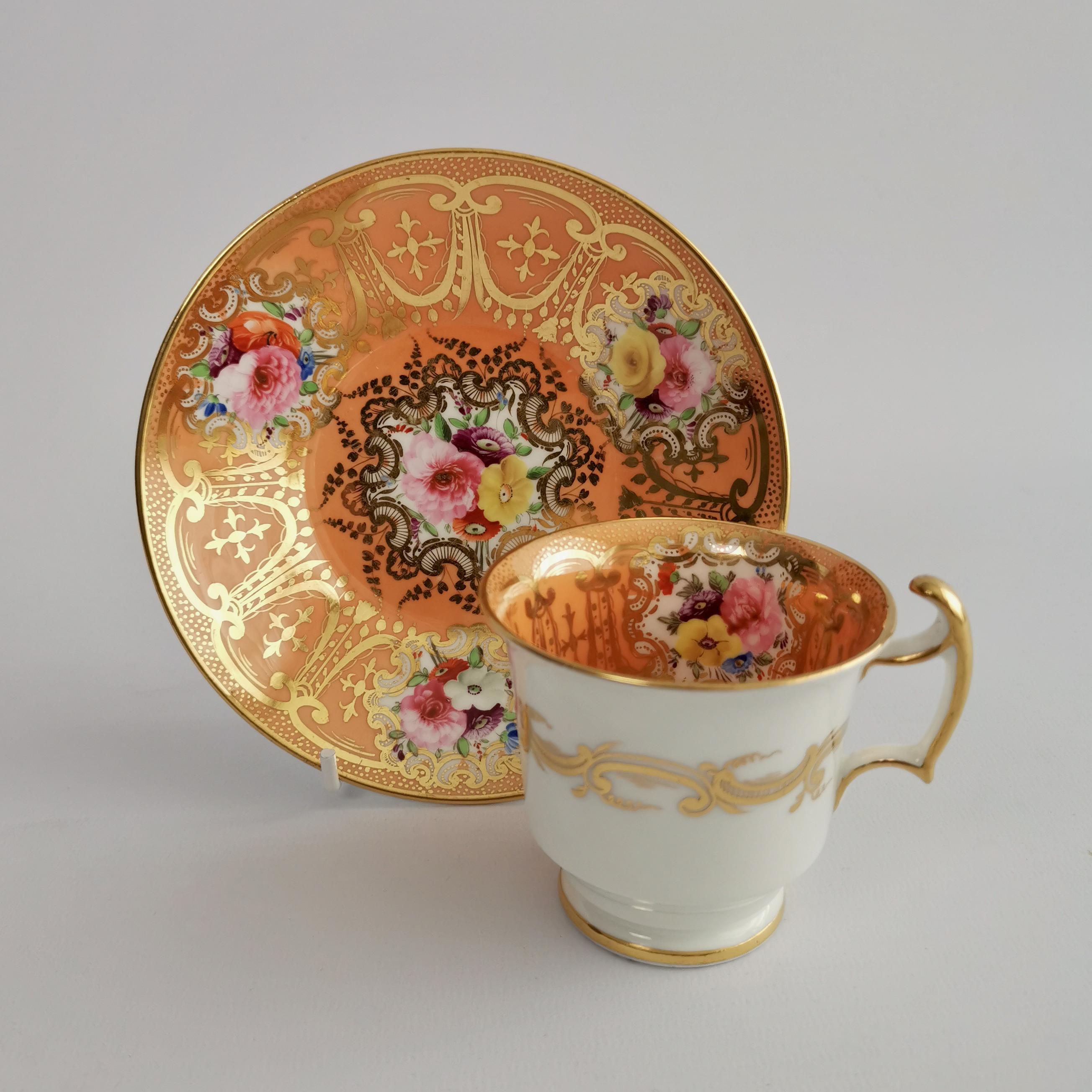 This is a sublime coffee cup and saucer made by Coalport in about 1815. The set has an orange/peach ground with floral reserves and superbly rich gilding.

Coalport was one of the leading potters in 19th and 20th century Staffordshire. They worked