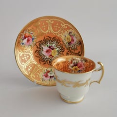 Coalport Porcelain Coffee Cup, Orange with Gilt and Flowers, Regency, ca 1815