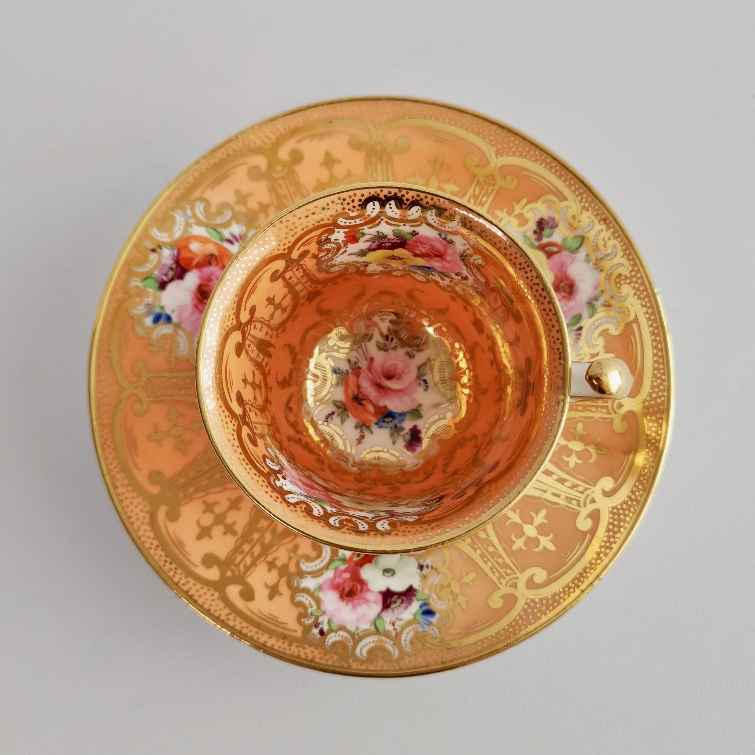 English Coalport Porcelain Coffee Cup, Orange with Gilt and Flowers, Regency, ca 1815