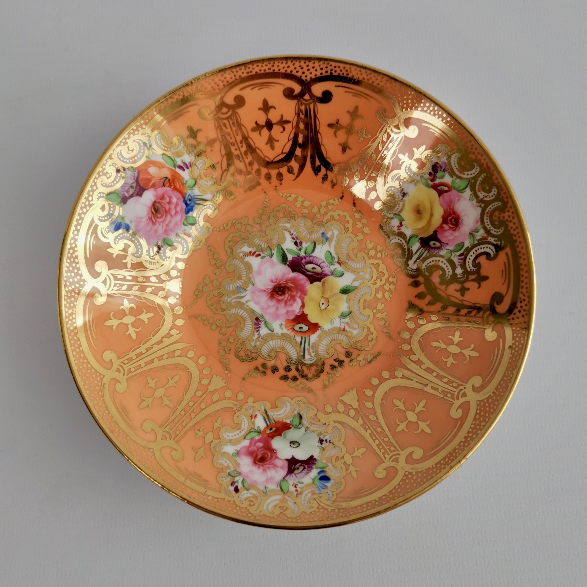 Hand-Painted Coalport Porcelain Coffee Cup, Orange with Gilt and Flowers, Regency, ca 1815