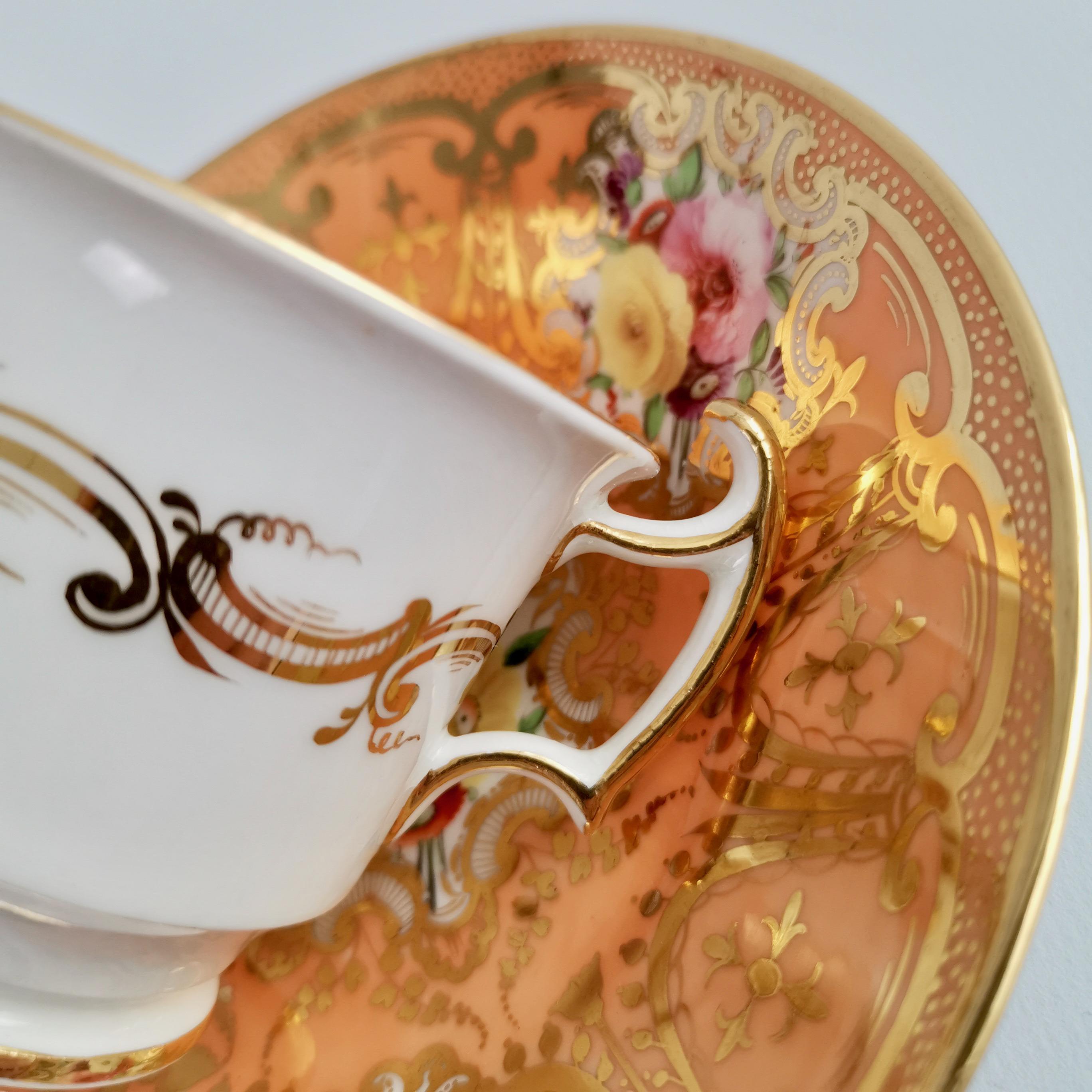 Early 19th Century Coalport Porcelain Coffee Cup, Orange with Gilt and Flowers, Regency, ca 1815