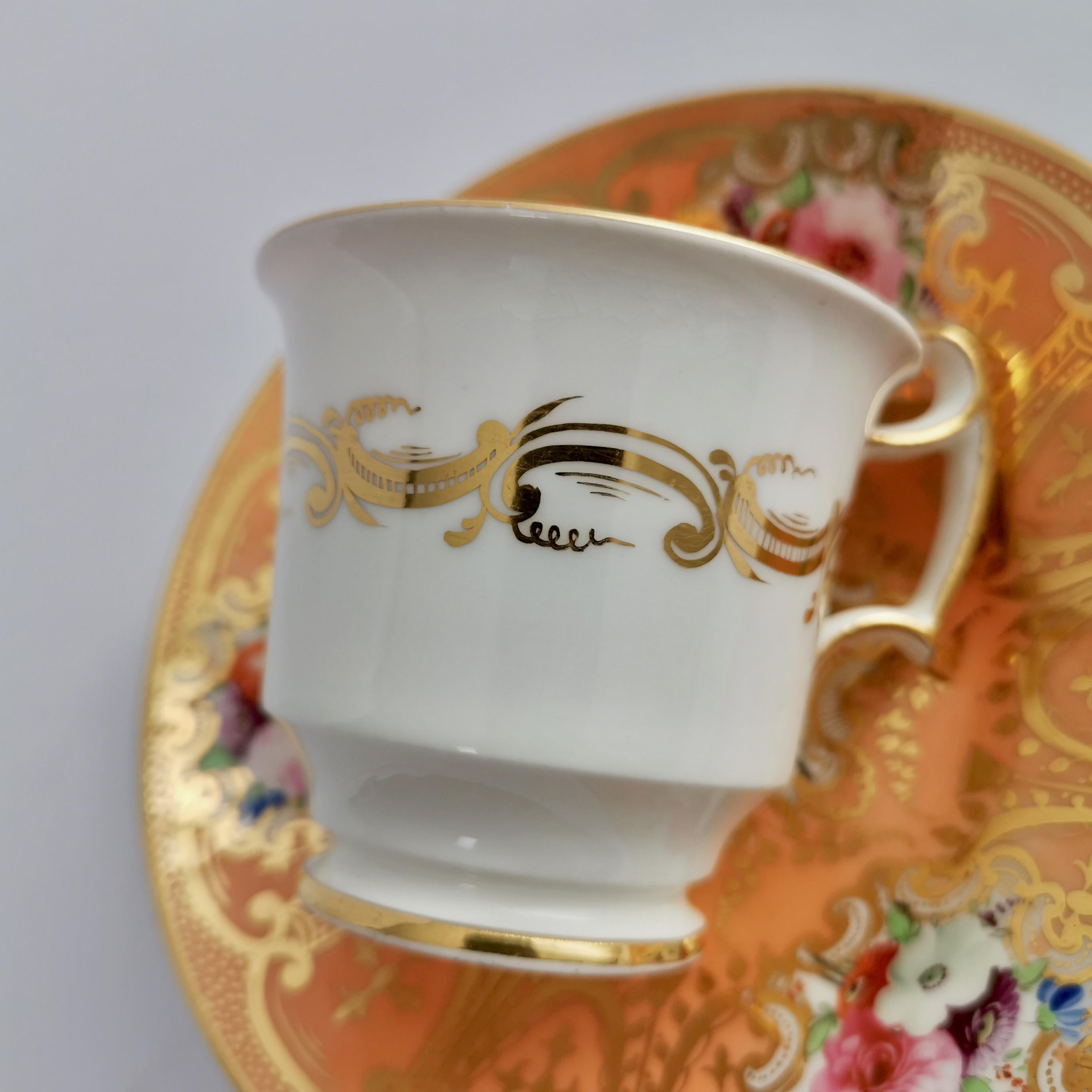 Coalport Porcelain Coffee Cup, Orange with Gilt and Flowers, Regency, ca 1815 1