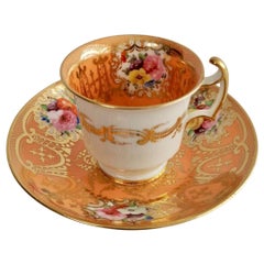 Antique Coalport Porcelain Coffee Cup, Orange with Gilt and Flowers, Regency, ca 1815