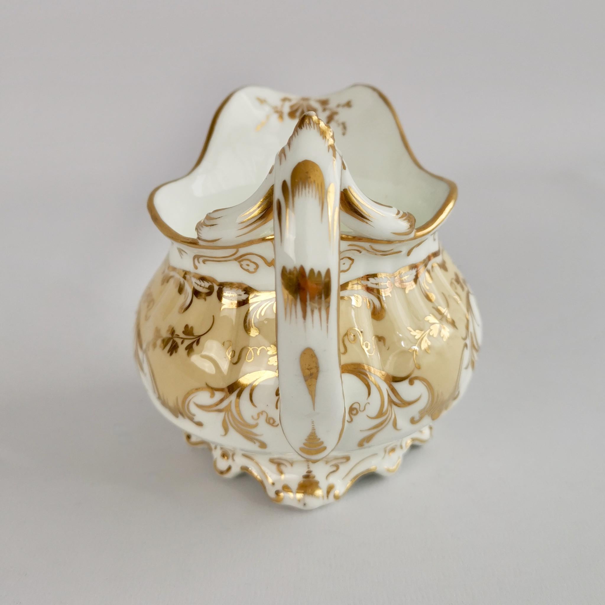 English Coalport Porcelain Creamer, Beige with Landscapes, Rococo Revival, ca 1840