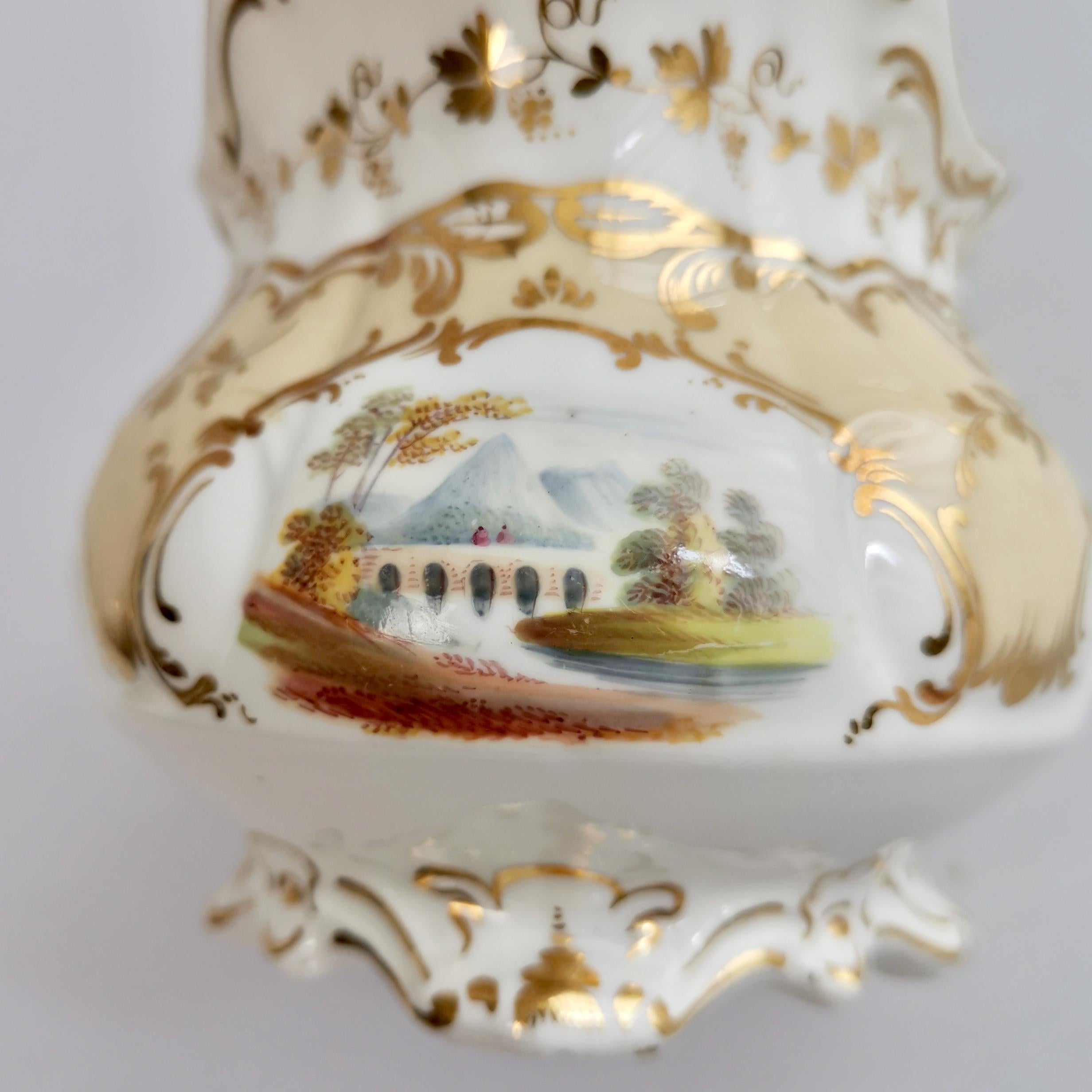 Mid-19th Century Coalport Porcelain Creamer, Beige with Landscapes, Rococo Revival, ca 1840
