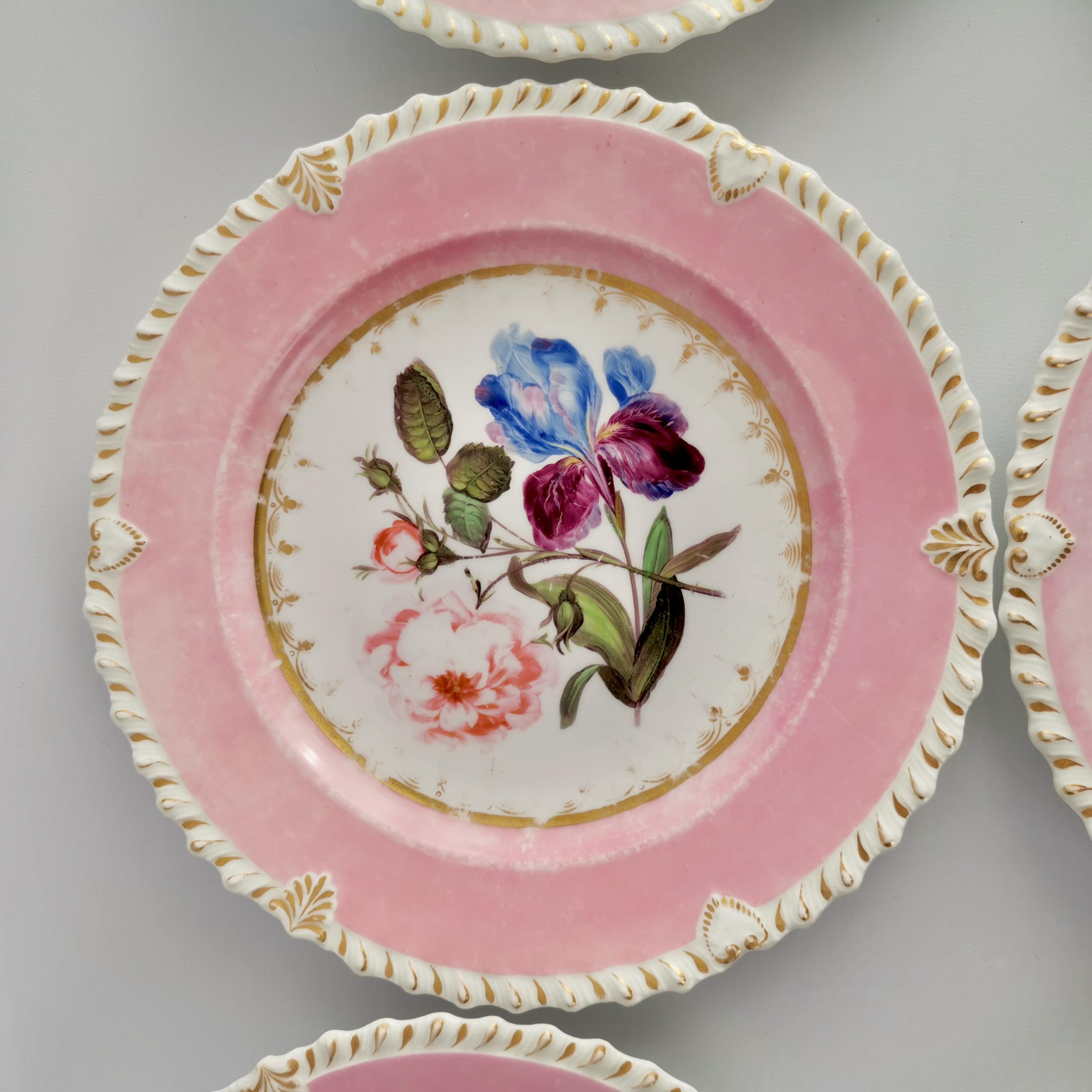 Coalport Porcelain Dessert Service, Pink with Flowers, Regency 1820-1825 7