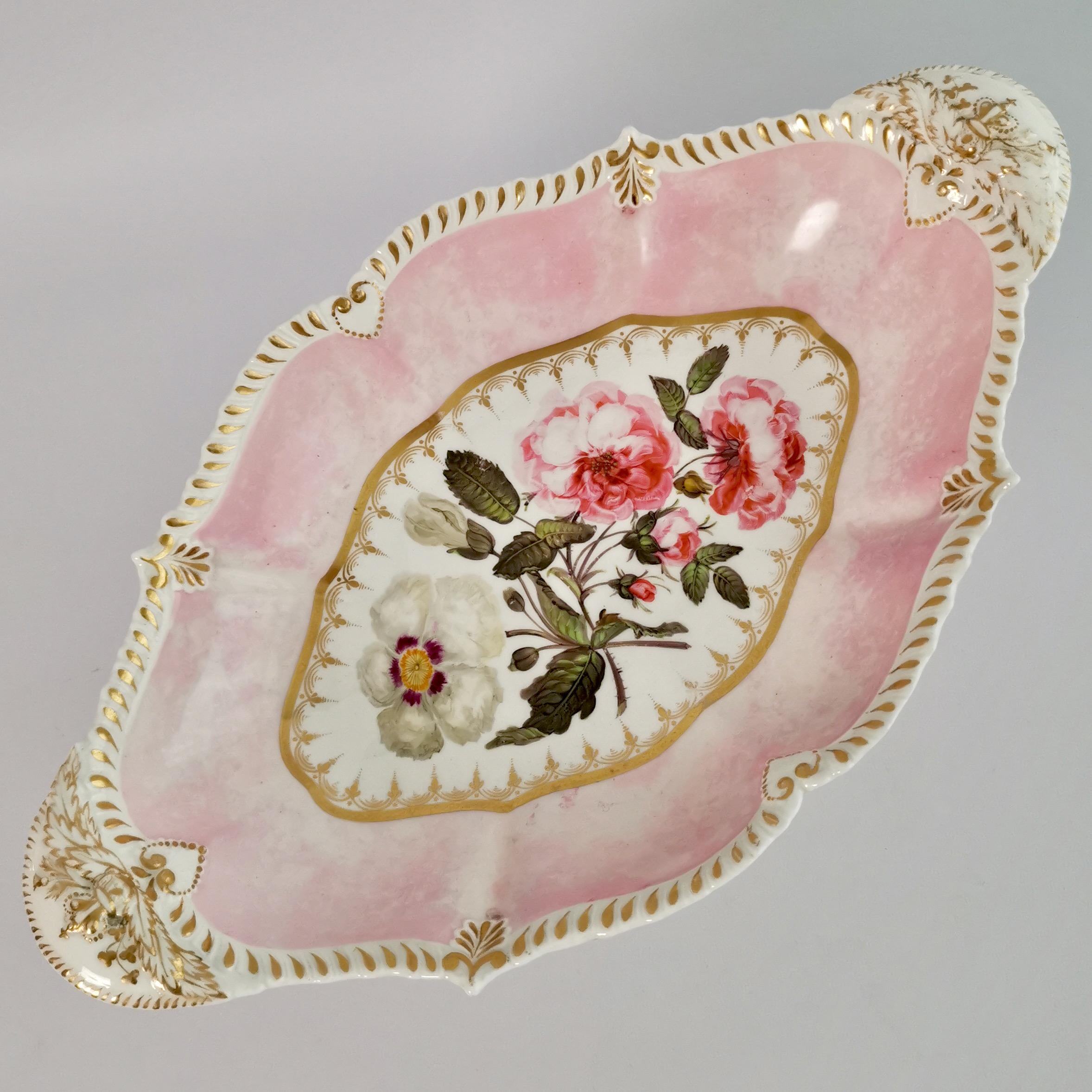 English Coalport Porcelain Dessert Service, Pink with Flowers, Regency 1820-1825