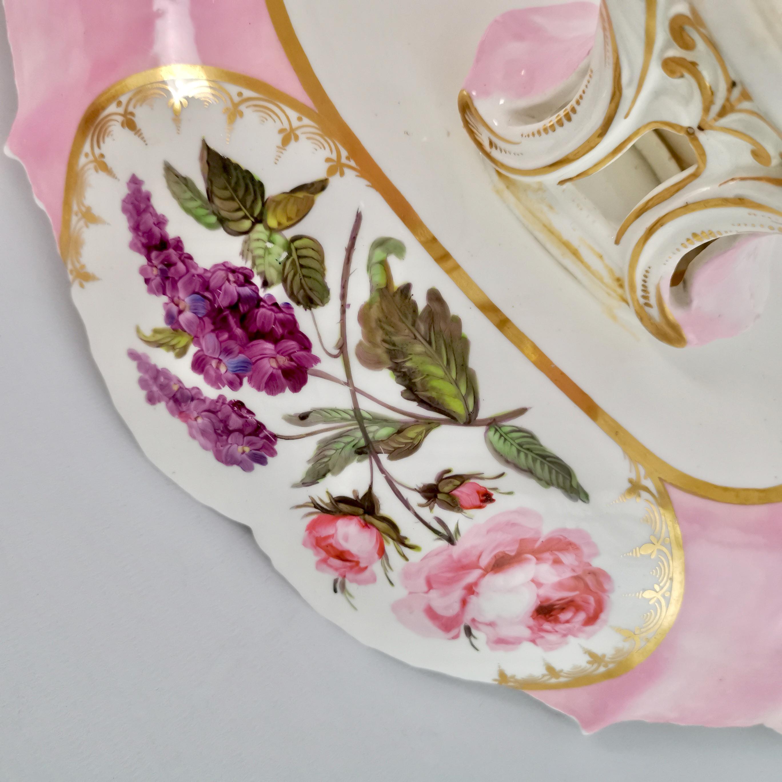 Hand-Painted Coalport Porcelain Dessert Service, Pink with Flowers, Regency 1820-1825