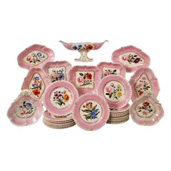 Coalport Porcelain Dessert Service, Pink with Flowers, Regency 1820-1825