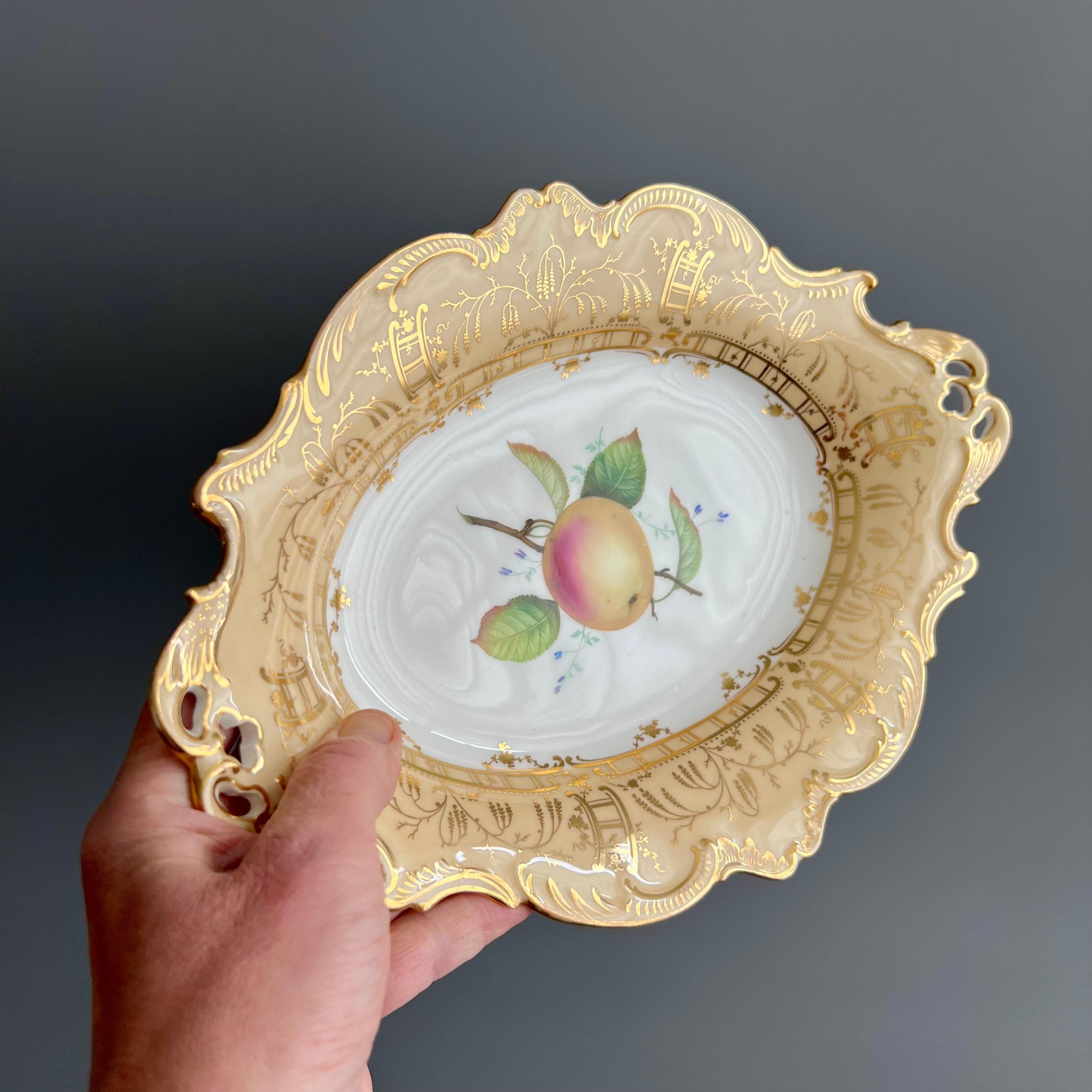 This is a stunning oval dessert dish made by Coalport in about 1847. The dish has a pierced rim, a beige and finely gilded ground and a beautifully hand painted apple painted by the famous painter Joseph Birbeck.

Coalport was one of the leading