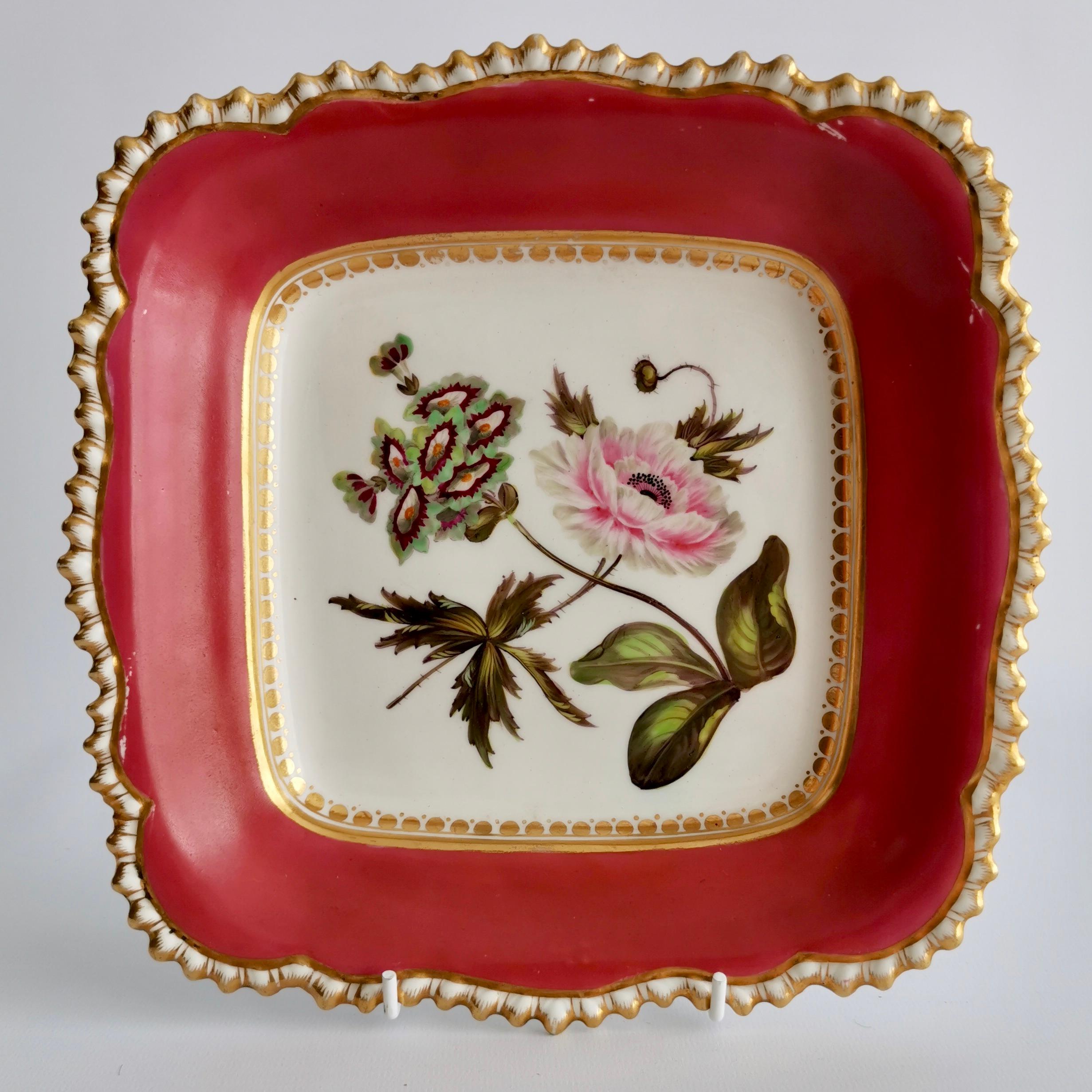 On offer is a part-dessert service made by Coalport between 1820 and 1825. The items have a deep maroon ground and stunning botanical paintings attributed to Cecil Jones. The service consists of ten plates, two one-handled dishes and one square