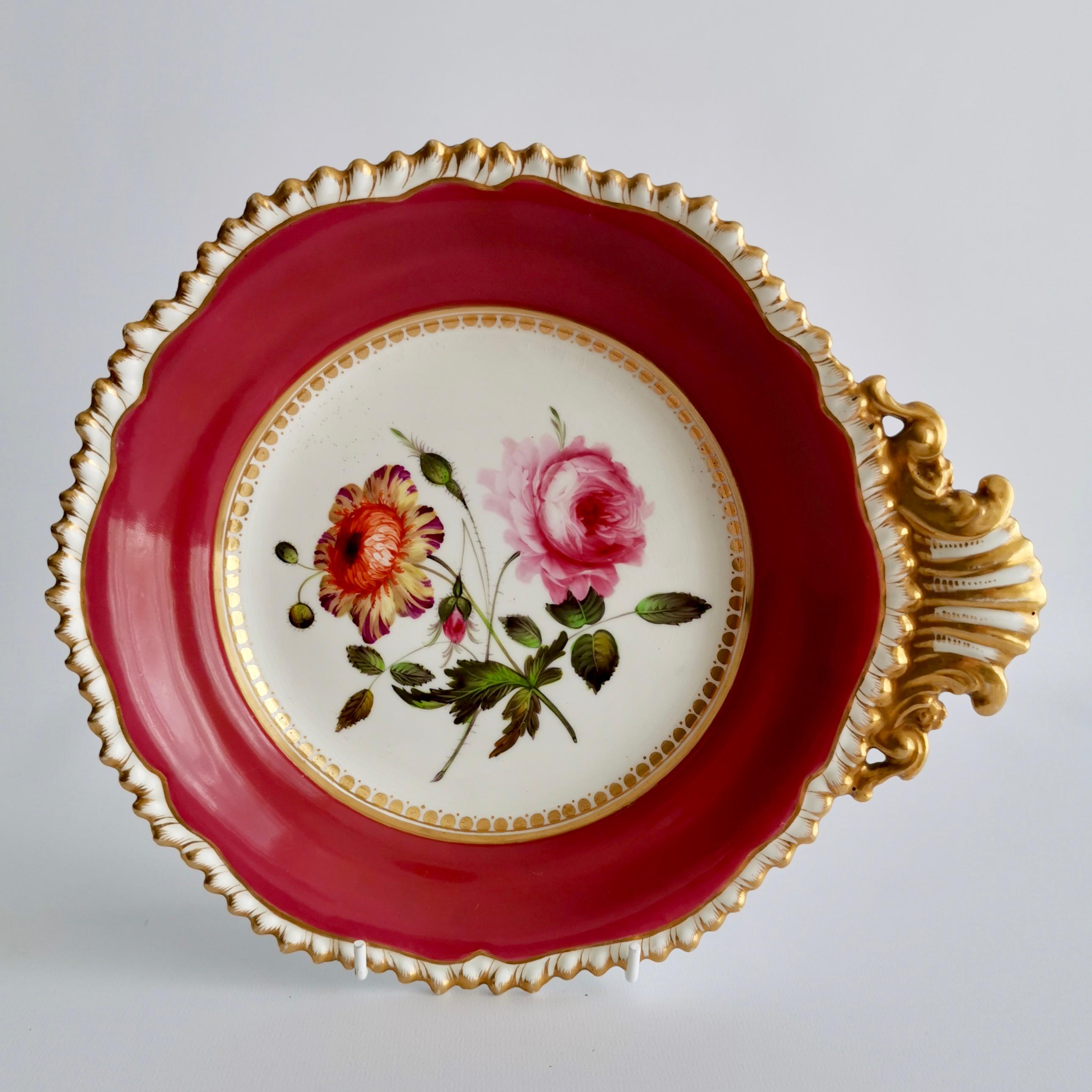 Regency Coalport Porcelain Part-Dessert Service, Maroon Botanical Cecil Jones, 1820-1825