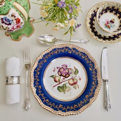 Coalport Porcelain Plate, Blue with Auriculas and Apples, ca 1830