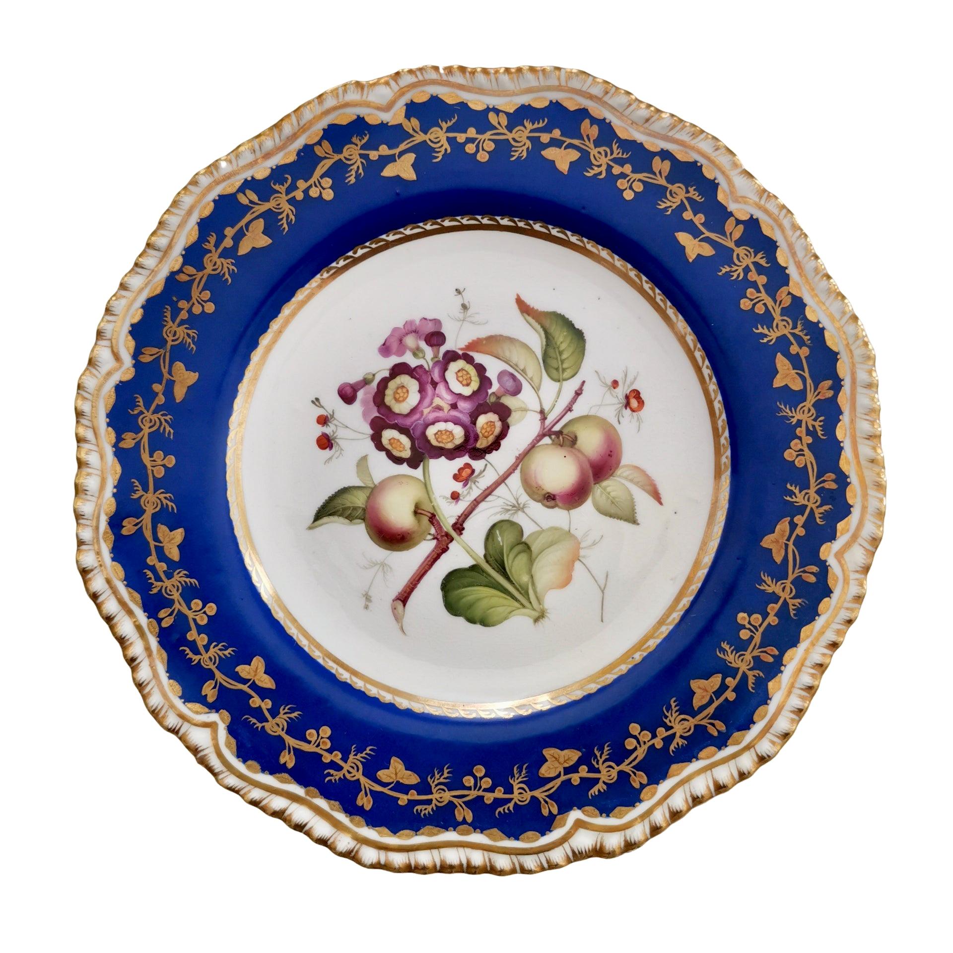 Coalport Porcelain Plate, Blue with Auriculas and Apples, ca 1830
