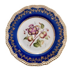 Antique Coalport Porcelain Plate, Blue with Auriculas and Apples, ca 1830