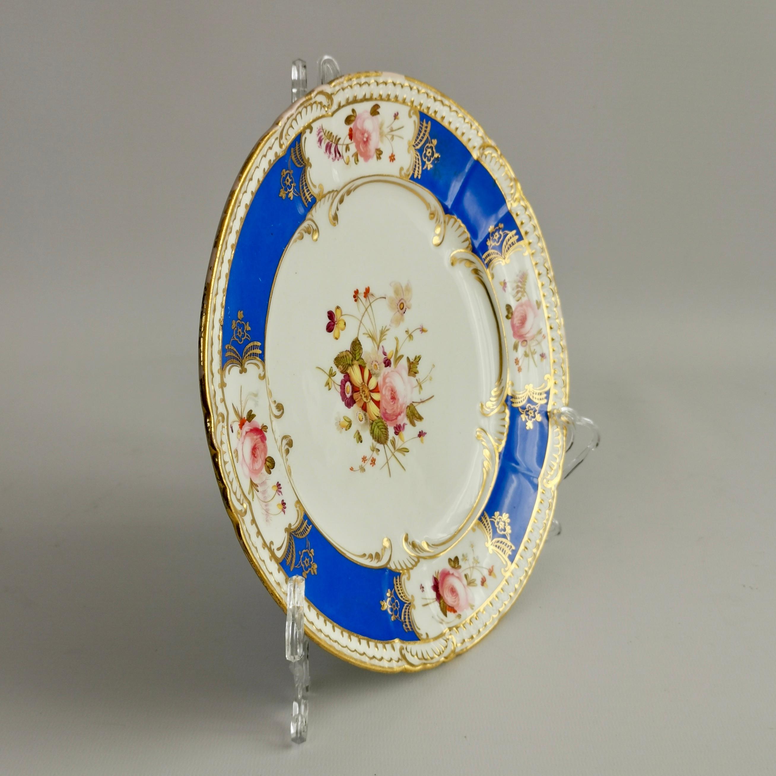 Coalport Porcelain Plate, Blue with Hand Painted Flowers, Regency 1827 1