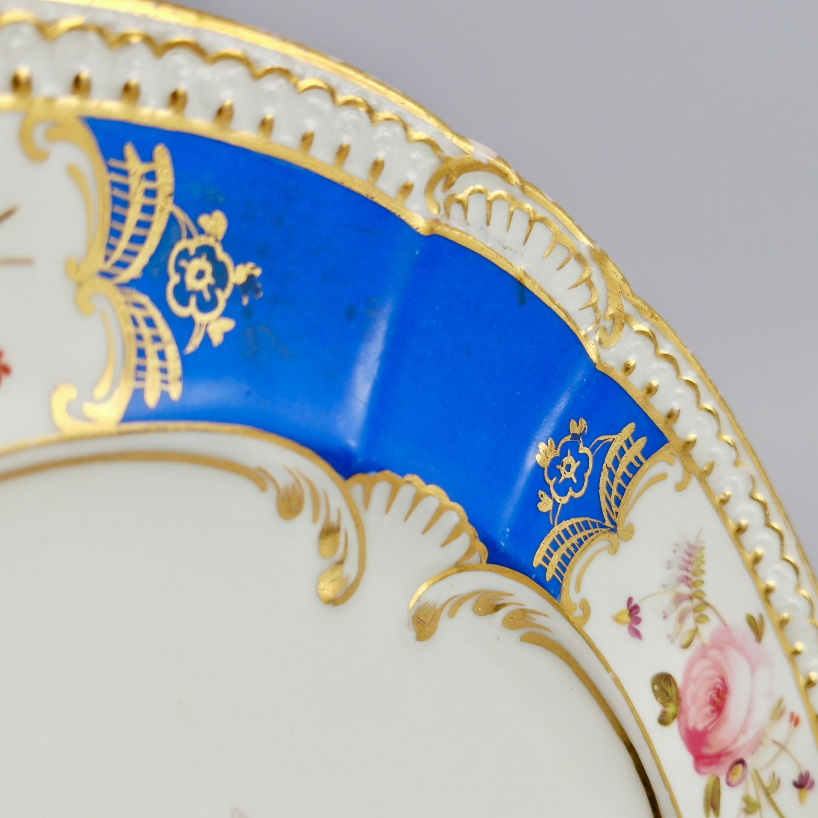Coalport Porcelain Plate, Blue with Hand Painted Flowers, Regency 1827 3