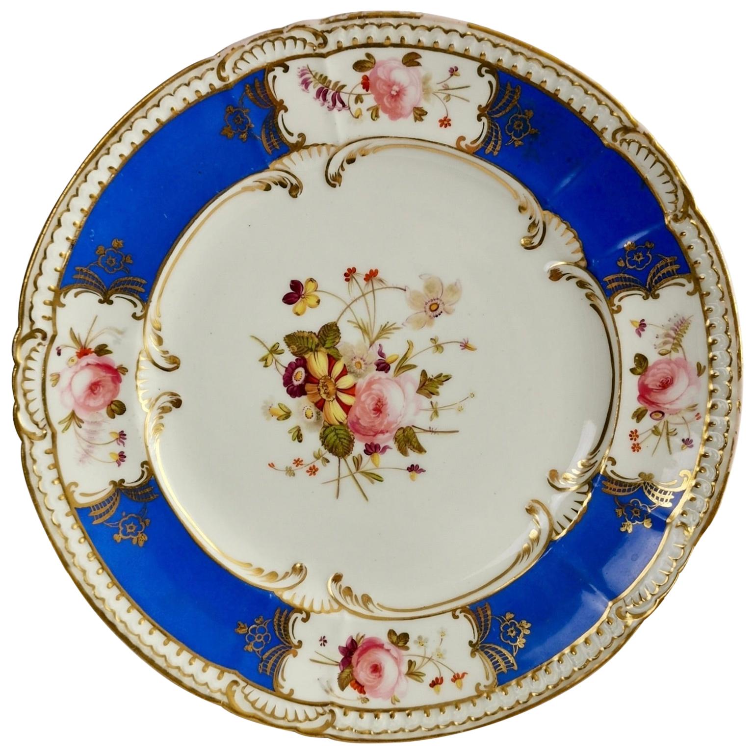 Coalport Porcelain Plate, Blue with Hand Painted Flowers, Regency 1827