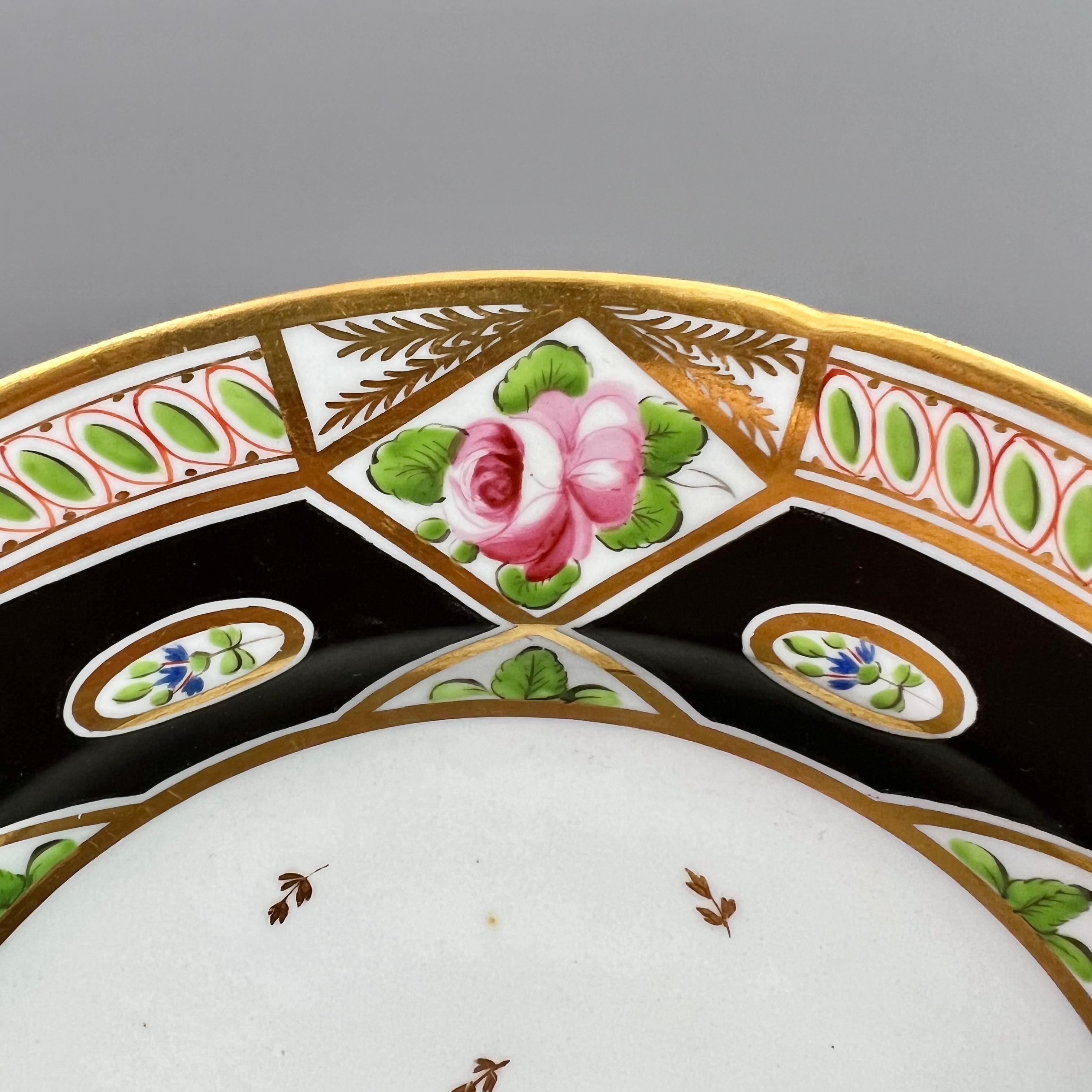 Hand-Painted Coalport Porcelain Plate, Church Gresley Pattern in Black, ca 1815