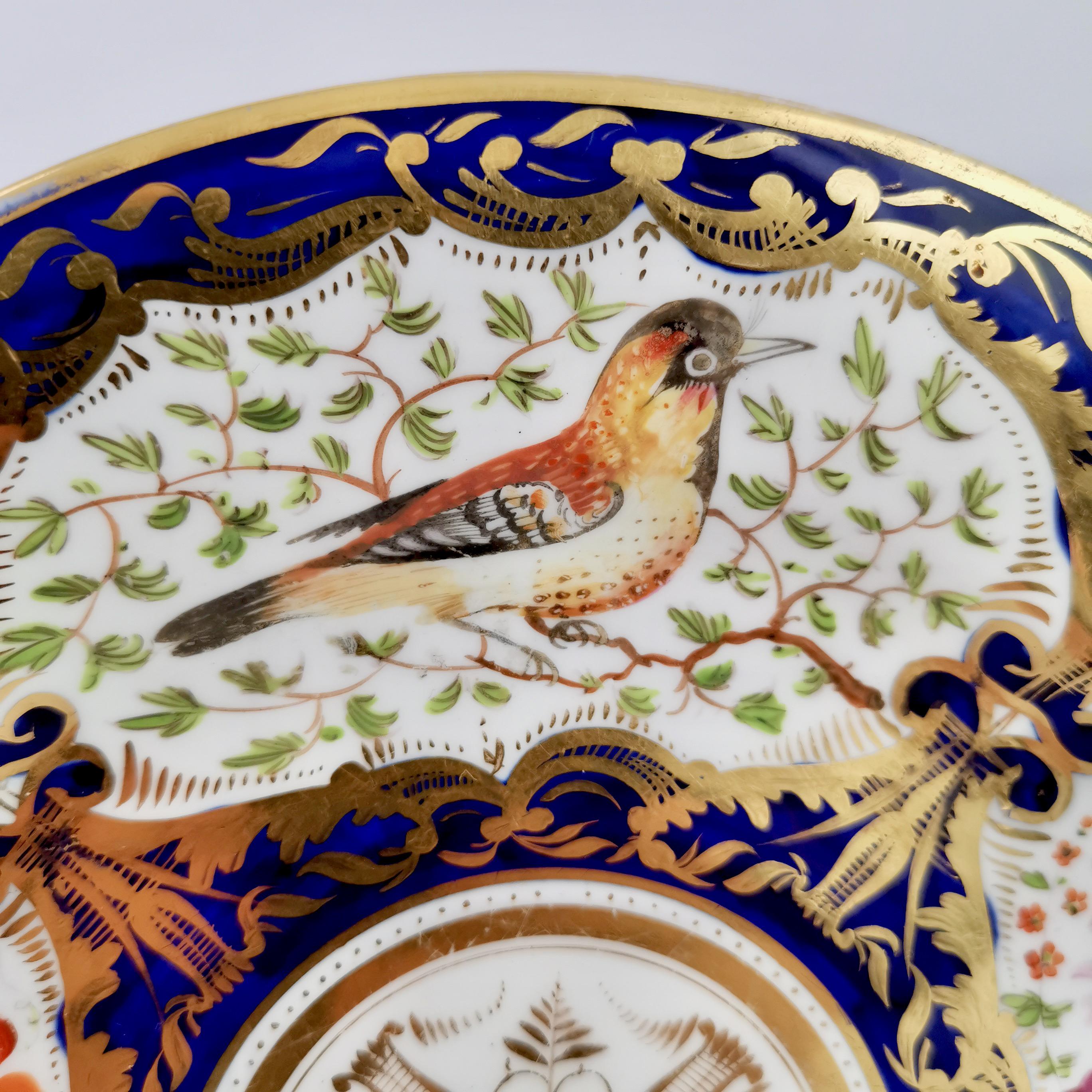 English Coalport Porcelain Plate, Cobalt Blue and Birds Patt. 759, Regency ca 1815