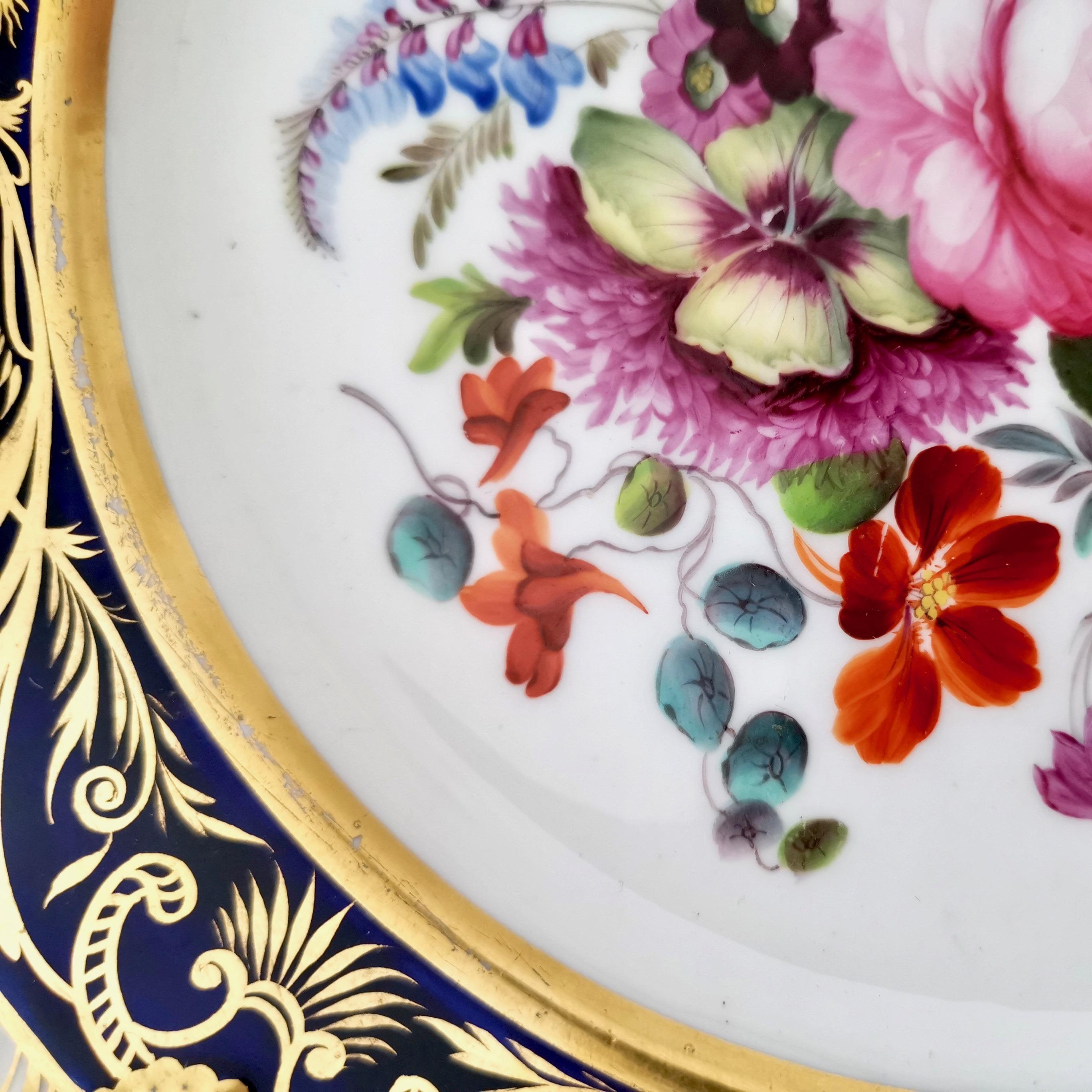 Coalport Porcelain Plate, Cobalt Blue and Spectacular Flowers, Regency 1820-1825 3
