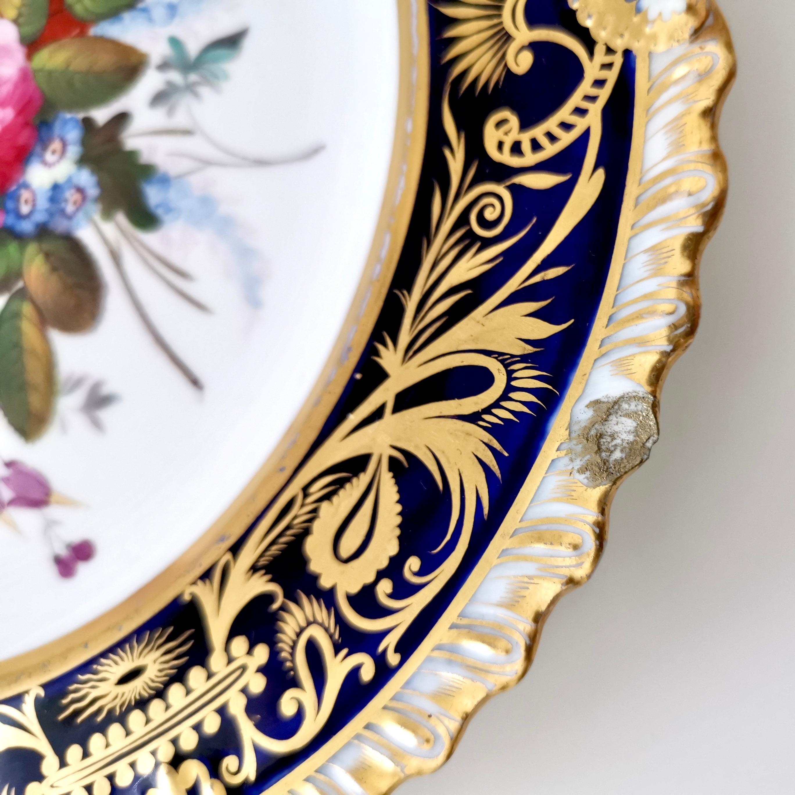 Coalport Porcelain Plate, Cobalt Blue and Spectacular Flowers, Regency 1820-1825 8