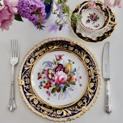 Coalport Porcelain Plate, Cobalt Blue and Spectacular Flowers, Regency 1820-1825