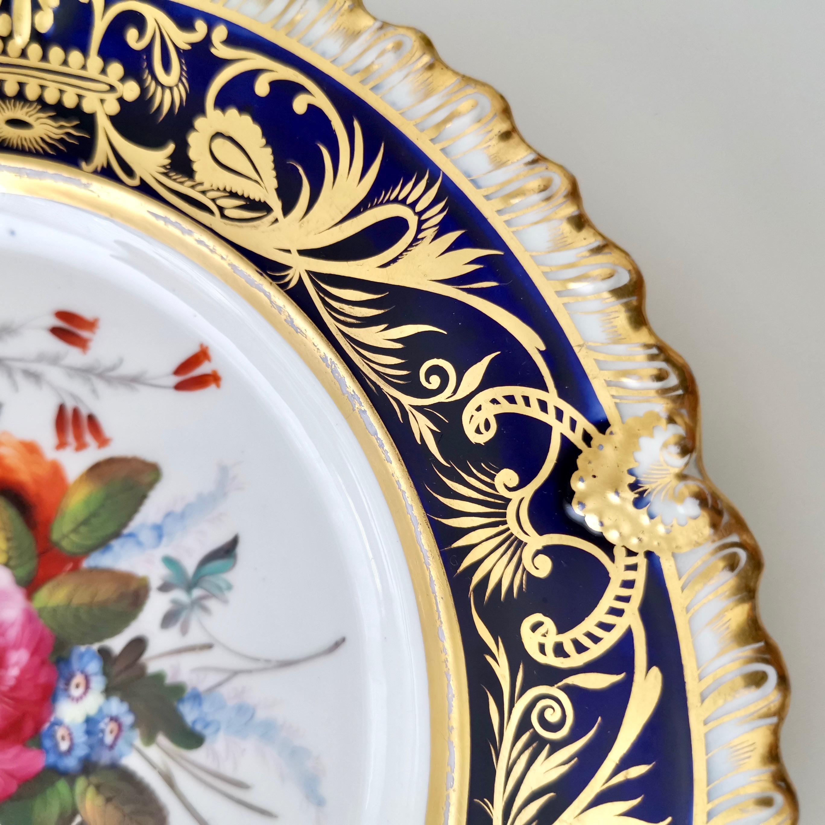 English Coalport Porcelain Plate, Cobalt Blue and Spectacular Flowers, Regency 1820-1825