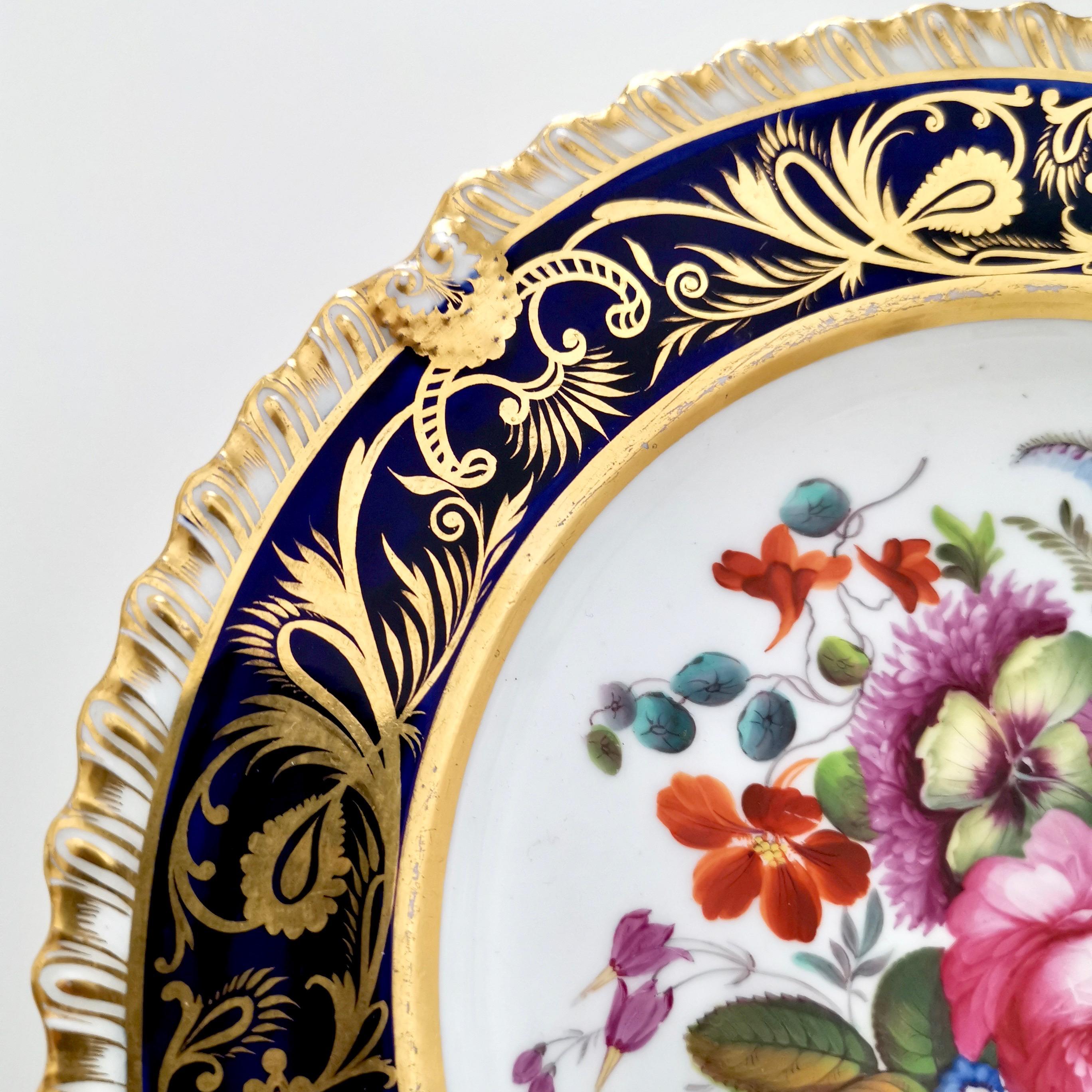 Hand-Painted Coalport Porcelain Plate, Cobalt Blue and Spectacular Flowers, Regency 1820-1825