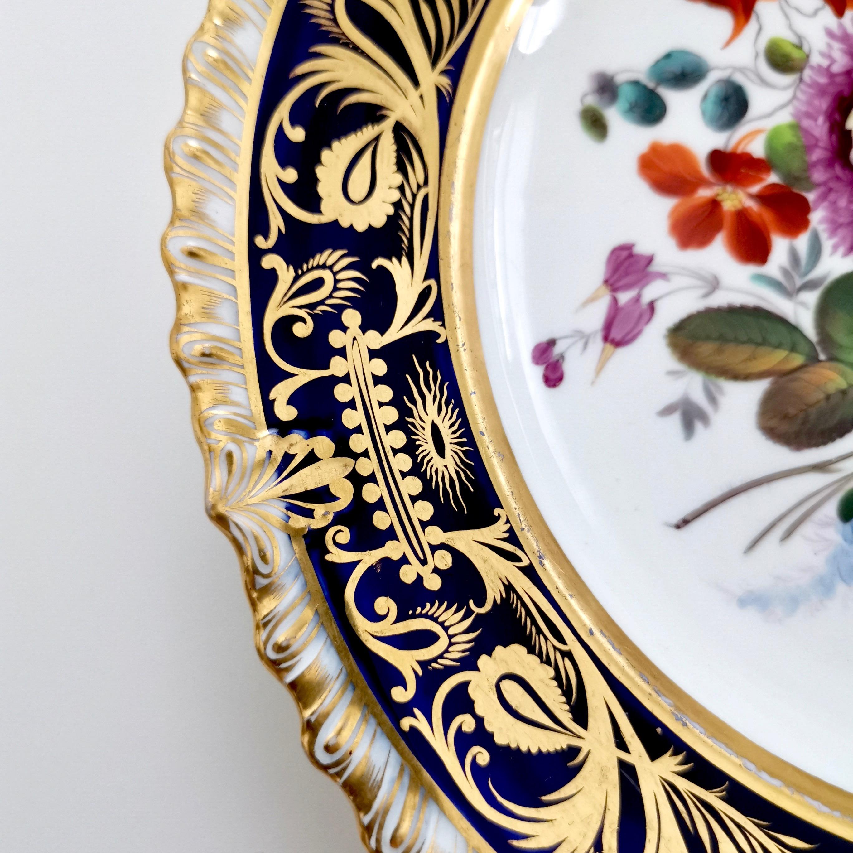 Coalport Porcelain Plate, Cobalt Blue and Spectacular Flowers, Regency 1820-1825 In Good Condition In London, GB