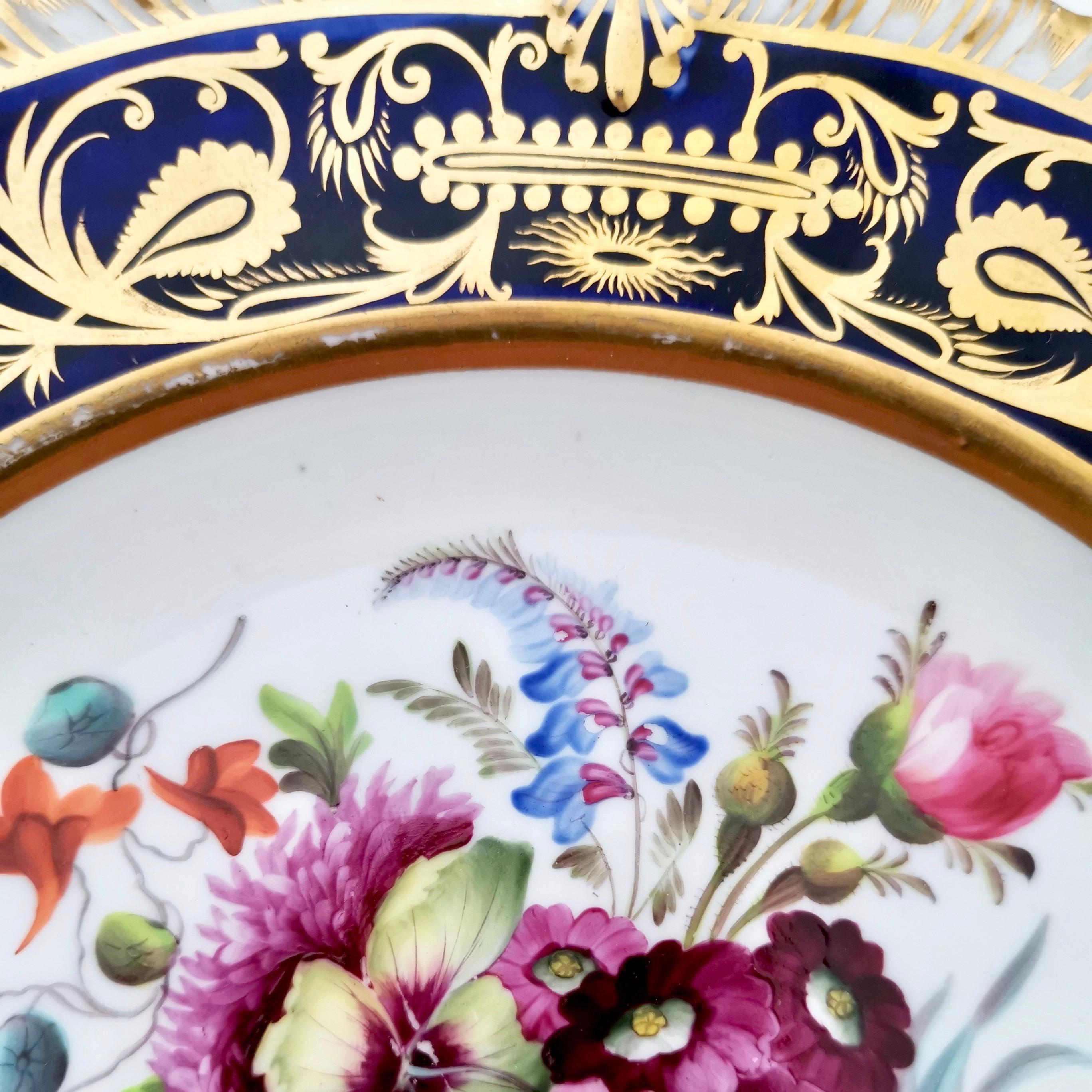 Coalport Porcelain Plate, Cobalt Blue and Spectacular Flowers, Regency 1820-1825 2