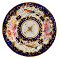 Antique Coalport Porcelain Plate, Cobalt Blue, Birds and Flowers, Regency 1815-1820
