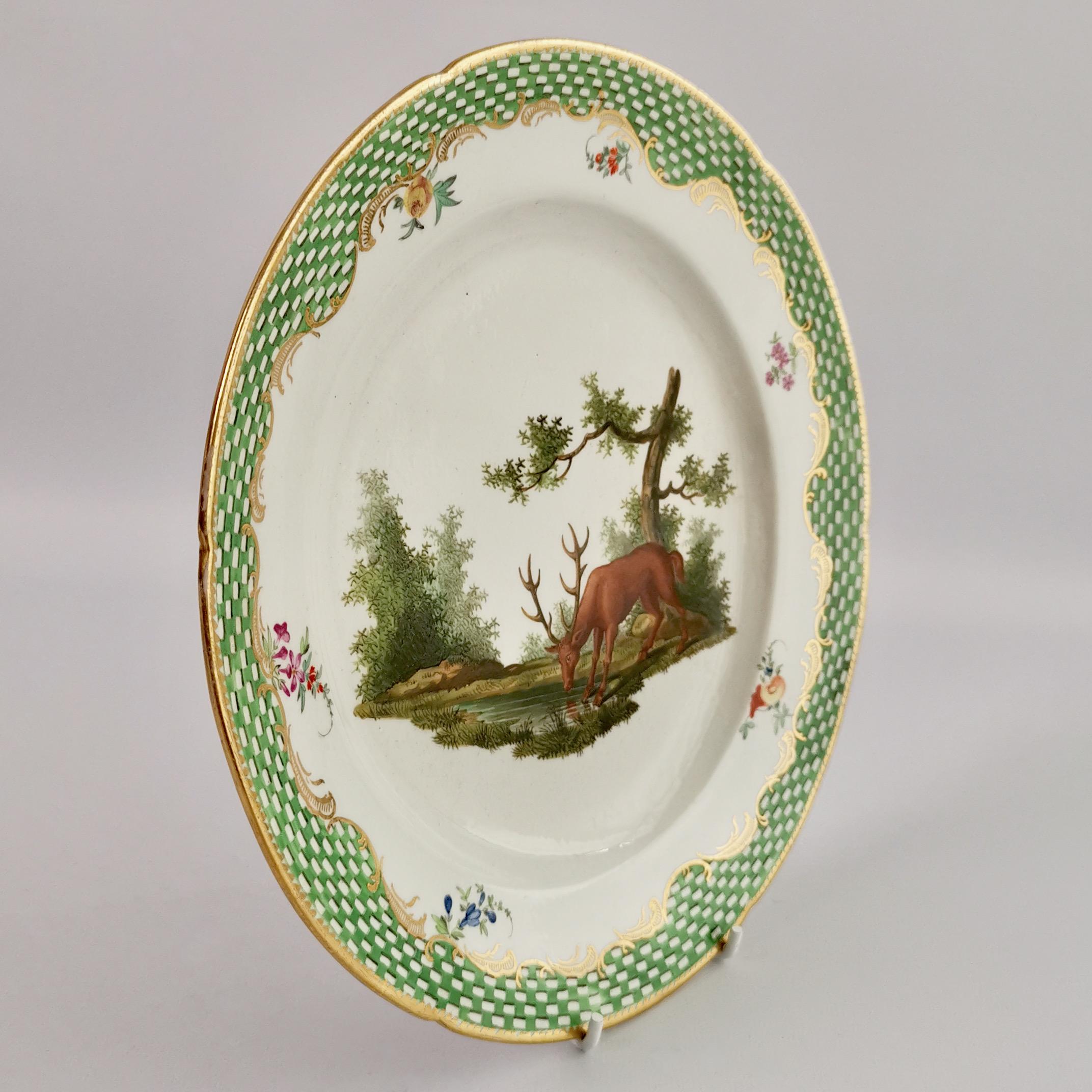 Coalport Porcelain Plate, Green Fables Pattern Drinking Stag, Georgian ca 1805 3
