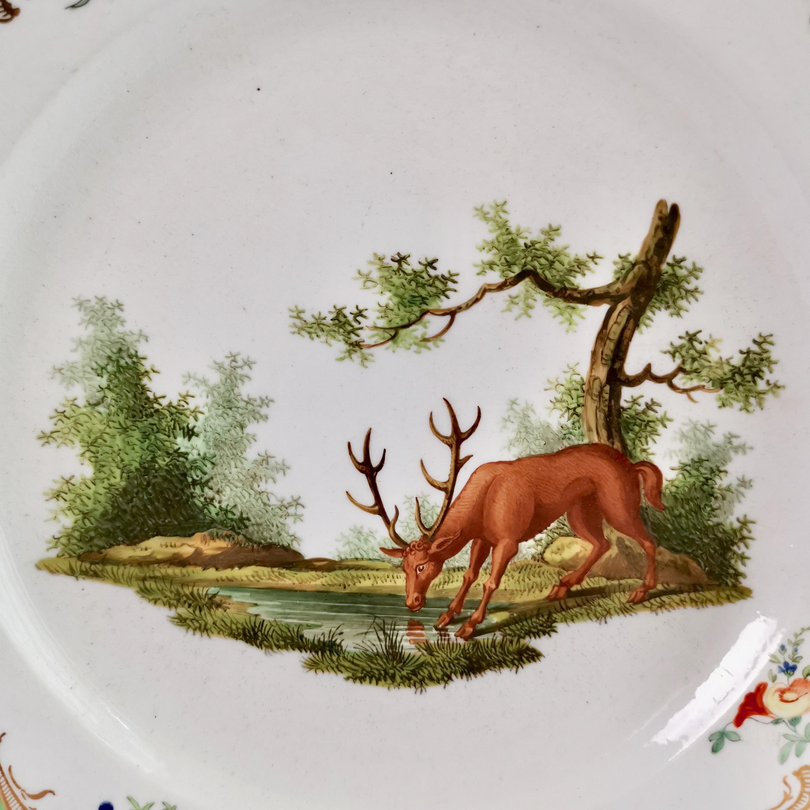 English Coalport Porcelain Plate, Green Fables Pattern Drinking Stag, Georgian ca 1805