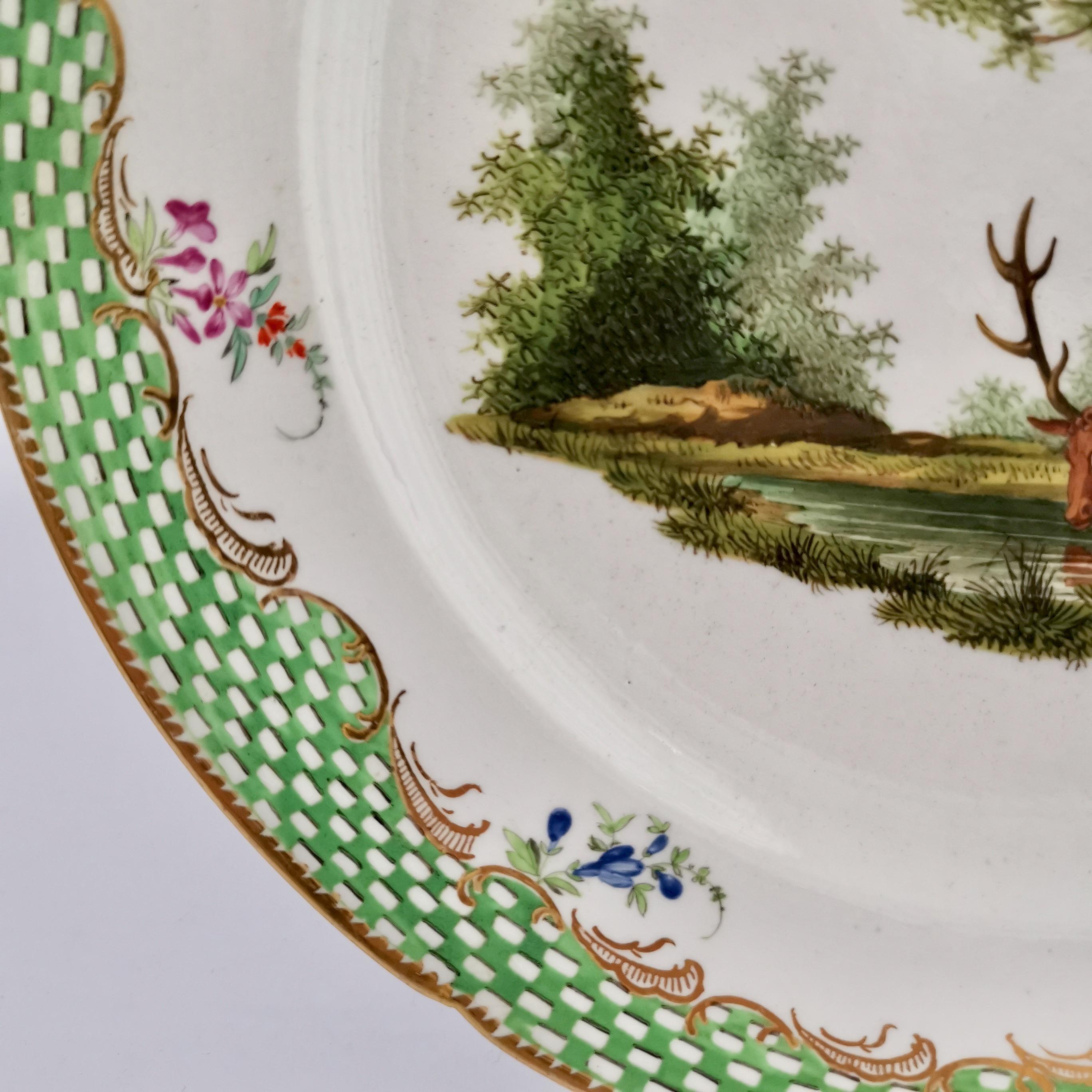 Hand-Painted Coalport Porcelain Plate, Green Fables Pattern Drinking Stag, Georgian ca 1805