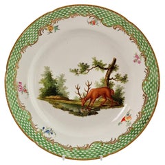 Antique Coalport Porcelain Plate, Green Fables Pattern Drinking Stag, Georgian ca 1805