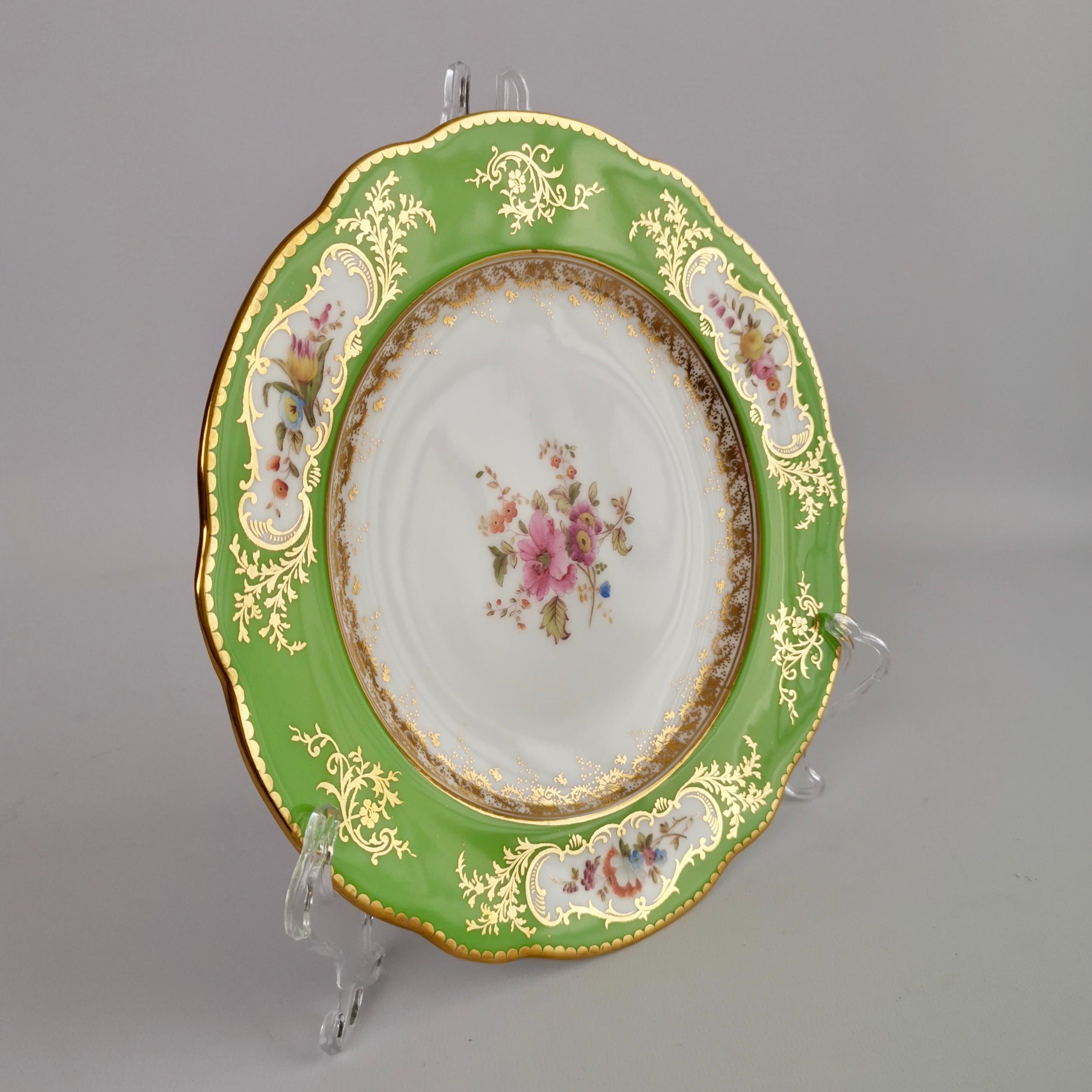 English Coalport Porcelain Plate, Green with Sèvres Style Flowers and Gilt, 1882