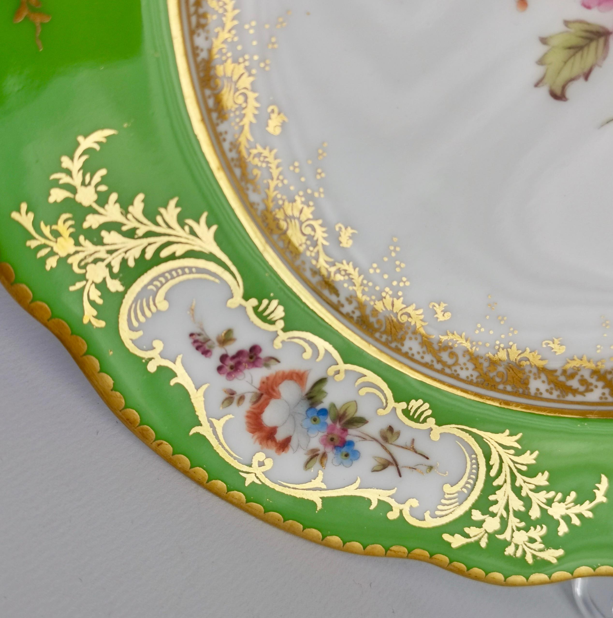 Hand-Painted Coalport Porcelain Plate, Green with Sèvres Style Flowers and Gilt, 1882