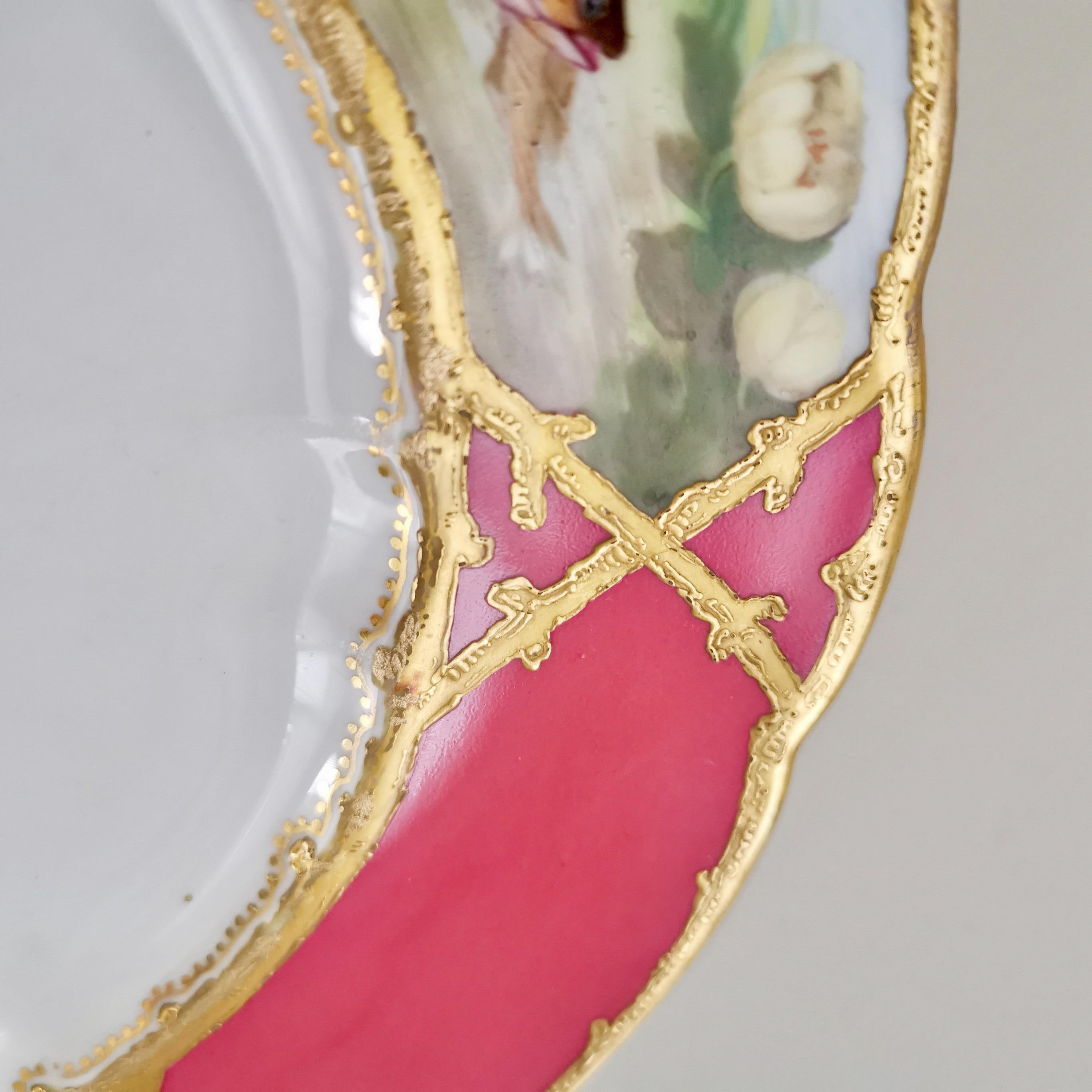 Coalport Porcelain Plate, Hot Pink with Birds and Fish, Raised Gilt, ca 1870 4