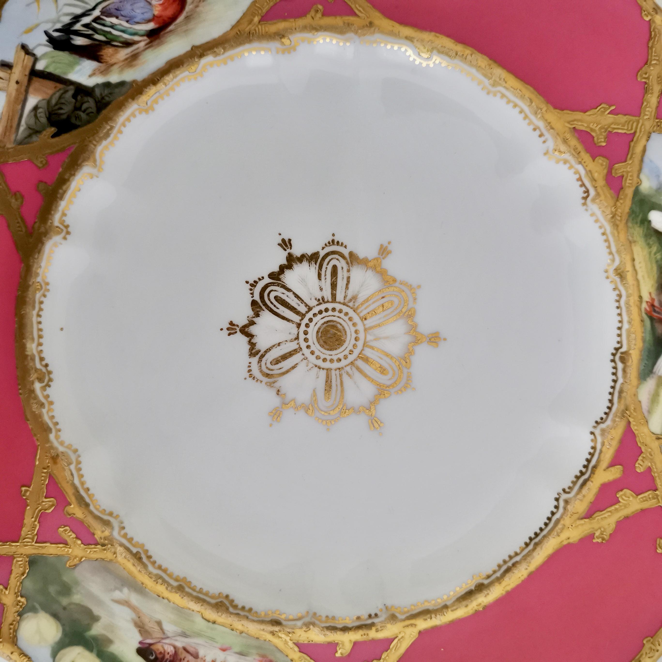 Coalport Porcelain Plate, Hot Pink with Birds and Fish, Raised Gilt, ca 1870 6