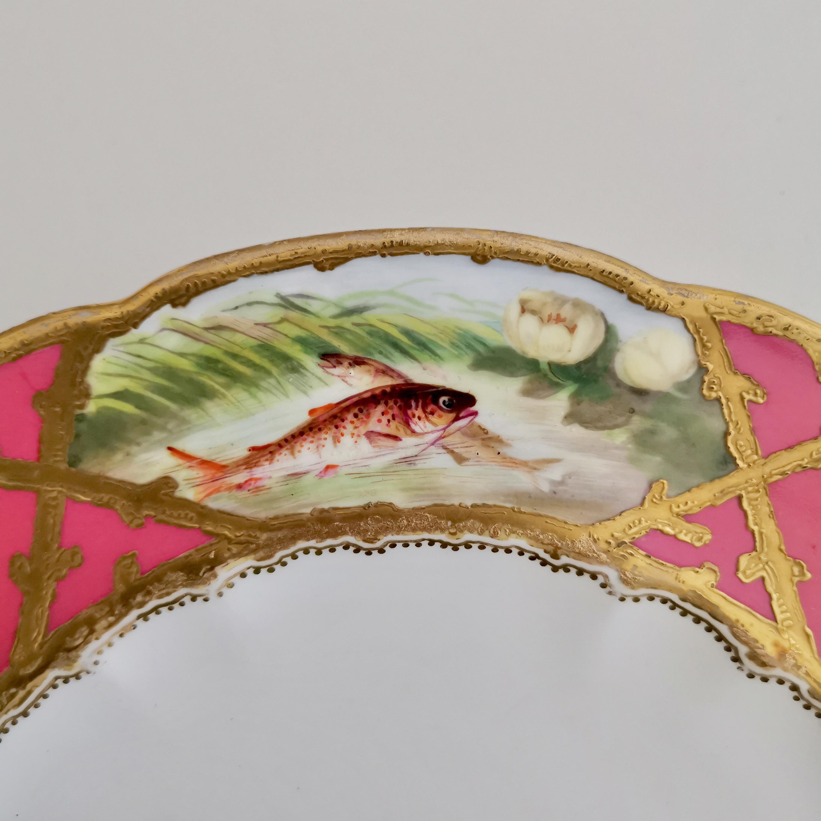 Coalport Porcelain Plate, Hot Pink with Birds and Fish, Raised Gilt, ca 1870 In Good Condition In London, GB