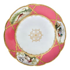 Coalport Porcelain Plate, Hot Pink with Birds and Fish, Raised Gilt, ca 1870