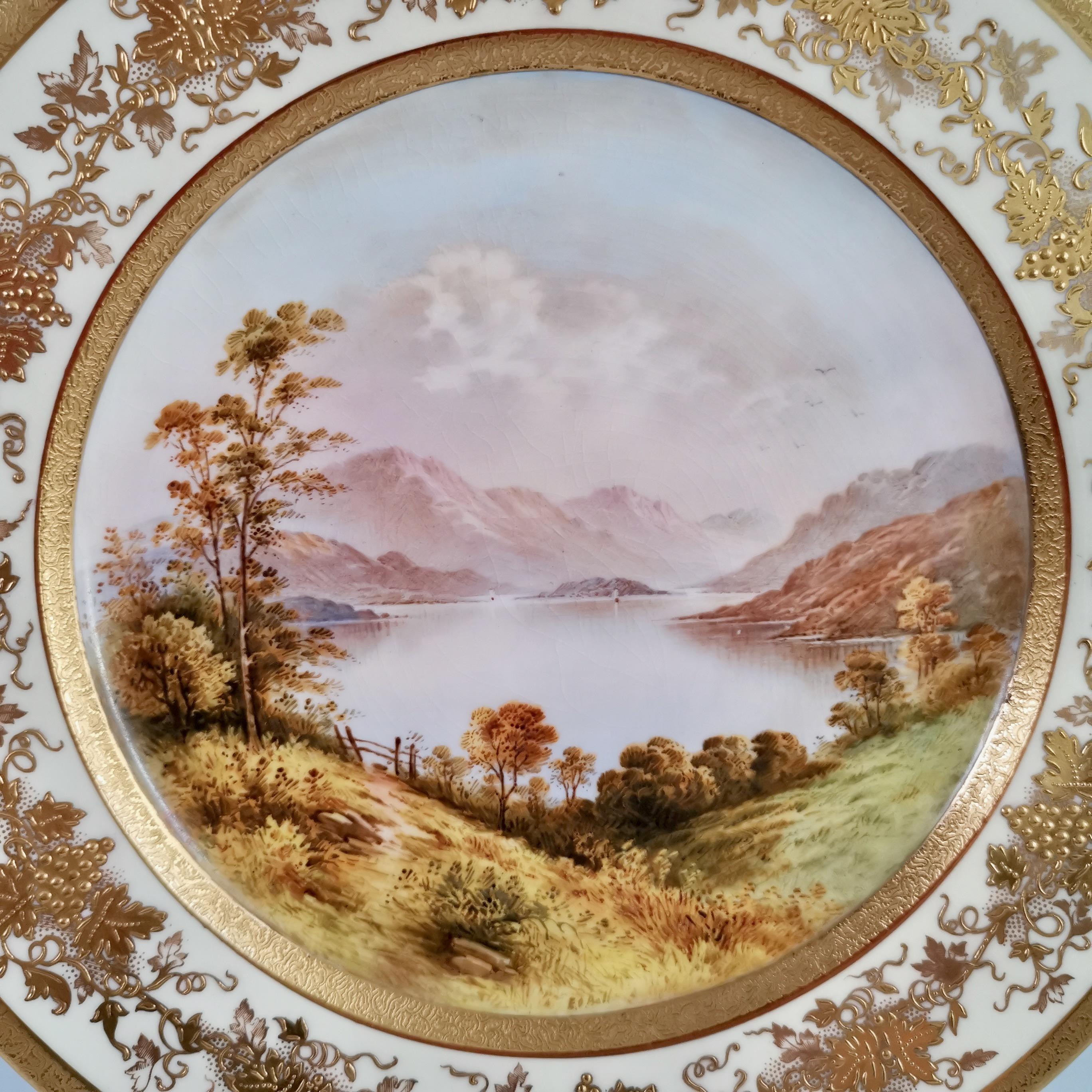 This is a stunning cabinet plate made by Coalport in the year 1910. The plate was painted by the famous landscape painter Ted Ball and has exceptional raised gilding around the rims. 
 
Coalport was one of the leading potters in 19th and 20th