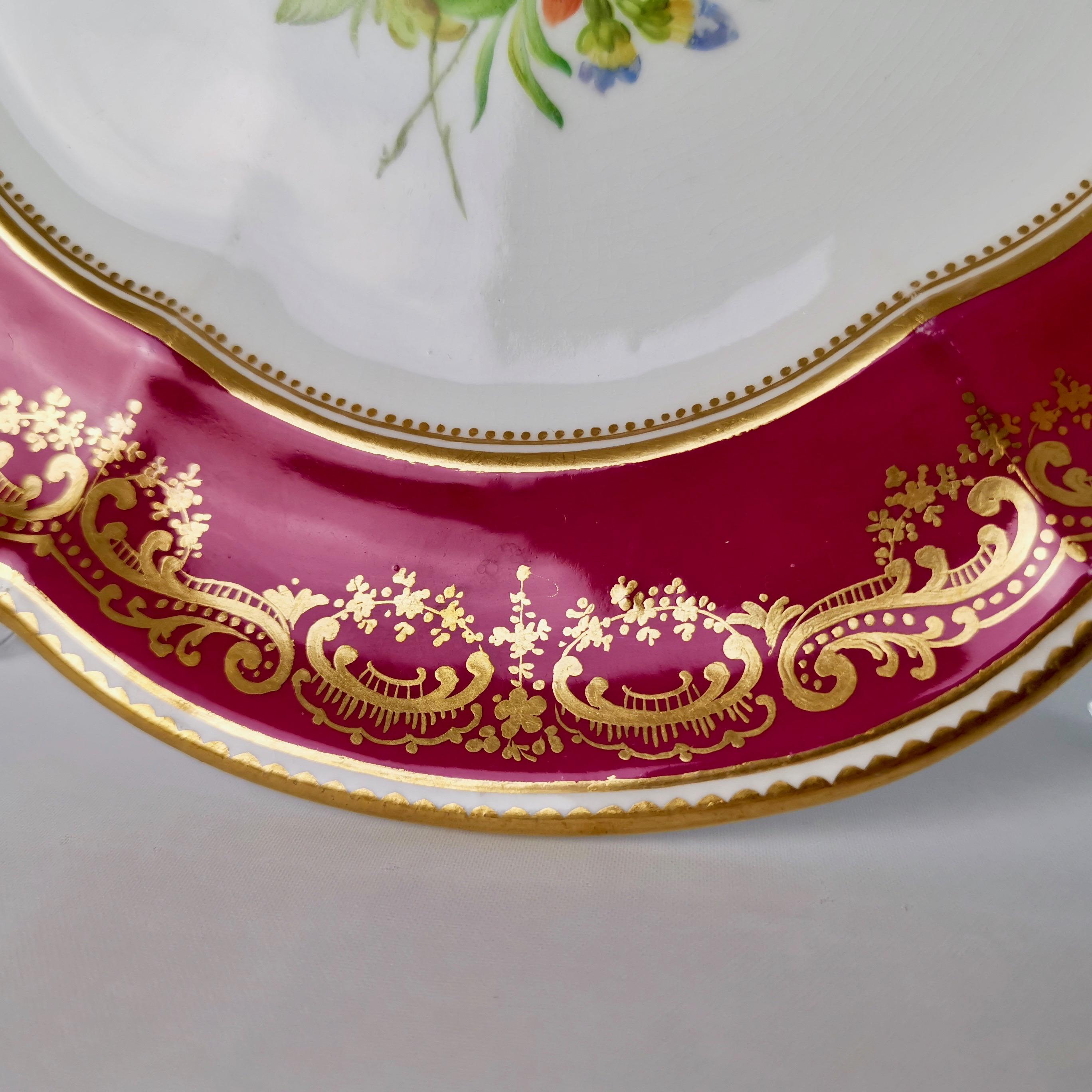 Victorian Coalport Porcelain Plate, Maroon with Flowers by Thomas Dixon, circa 1860