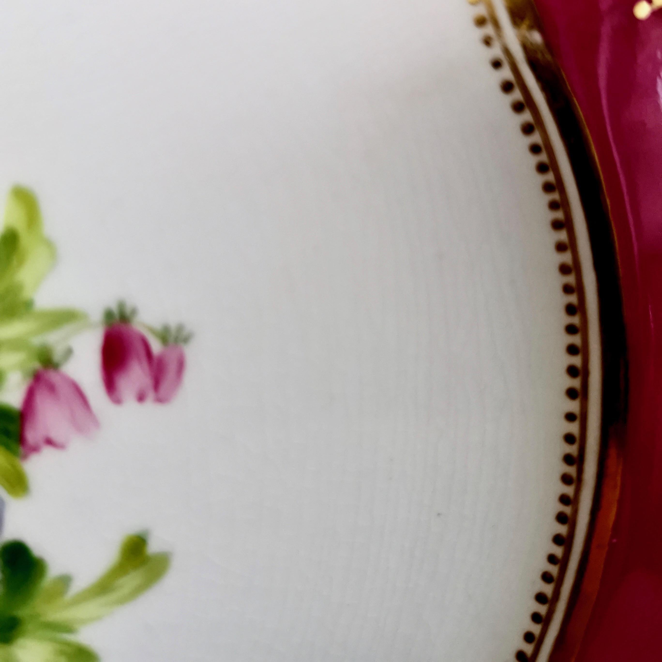 Hand-Painted Coalport Porcelain Plate, Maroon with Flowers by Thomas Dixon, circa 1860