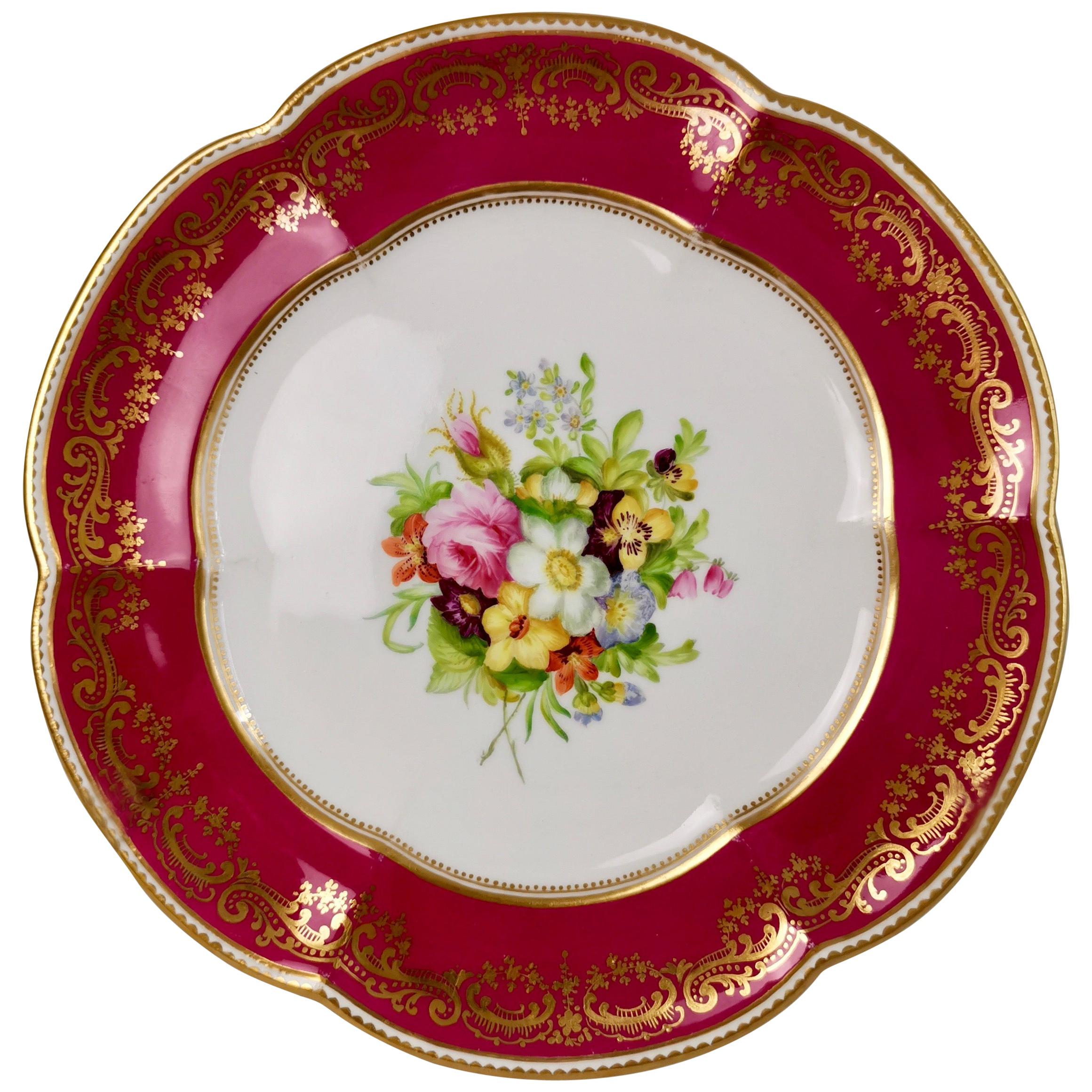 Coalport Porcelain Plate, Maroon with Flowers by Thomas Dixon, circa 1860