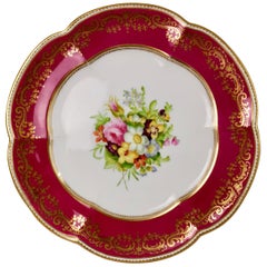 Antique Coalport Porcelain Plate, Maroon with Flowers by Thomas Dixon, circa 1860