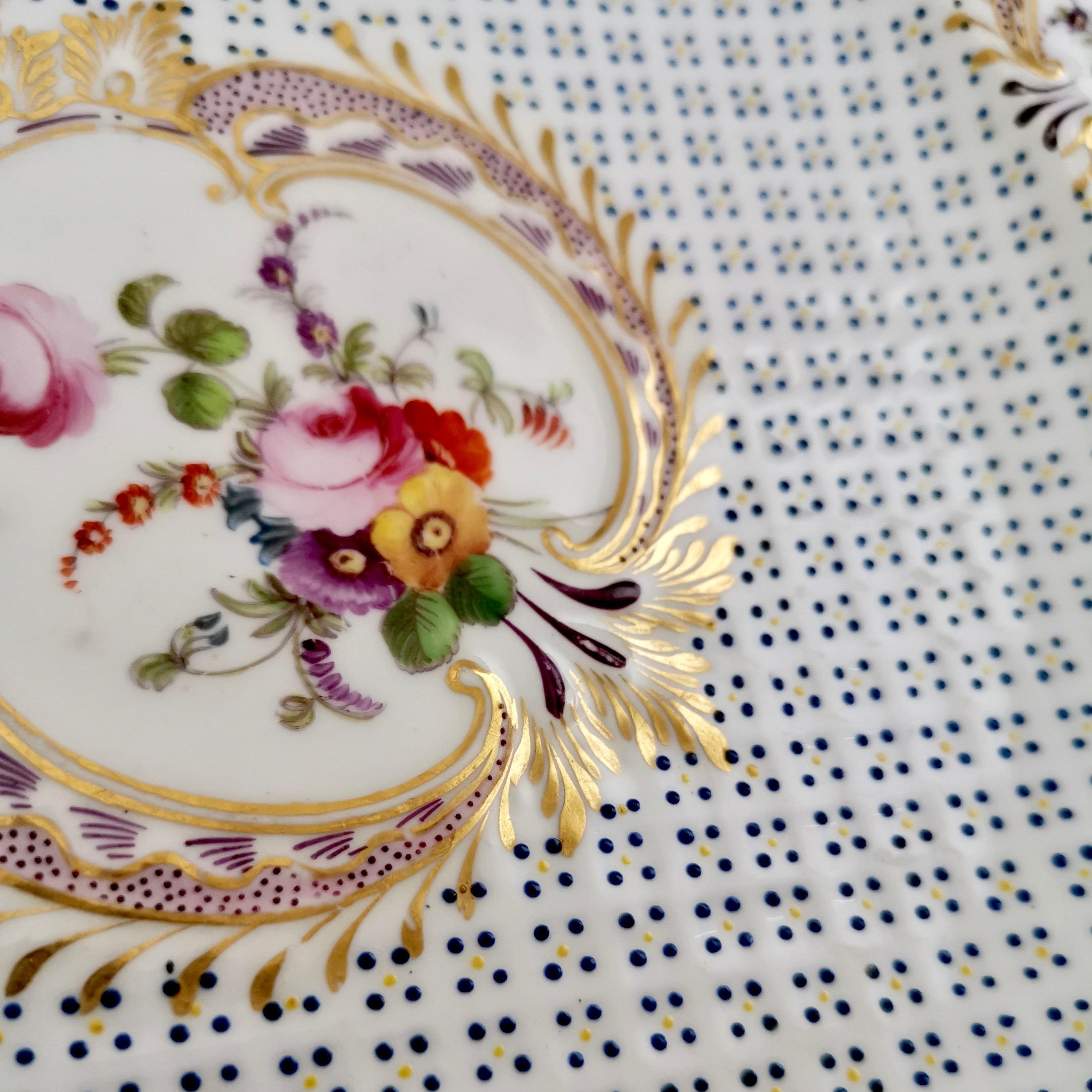 Coalport Porcelain Plate, Moulded Surface, White, Blue, Flowers, Regency ca 1820 3