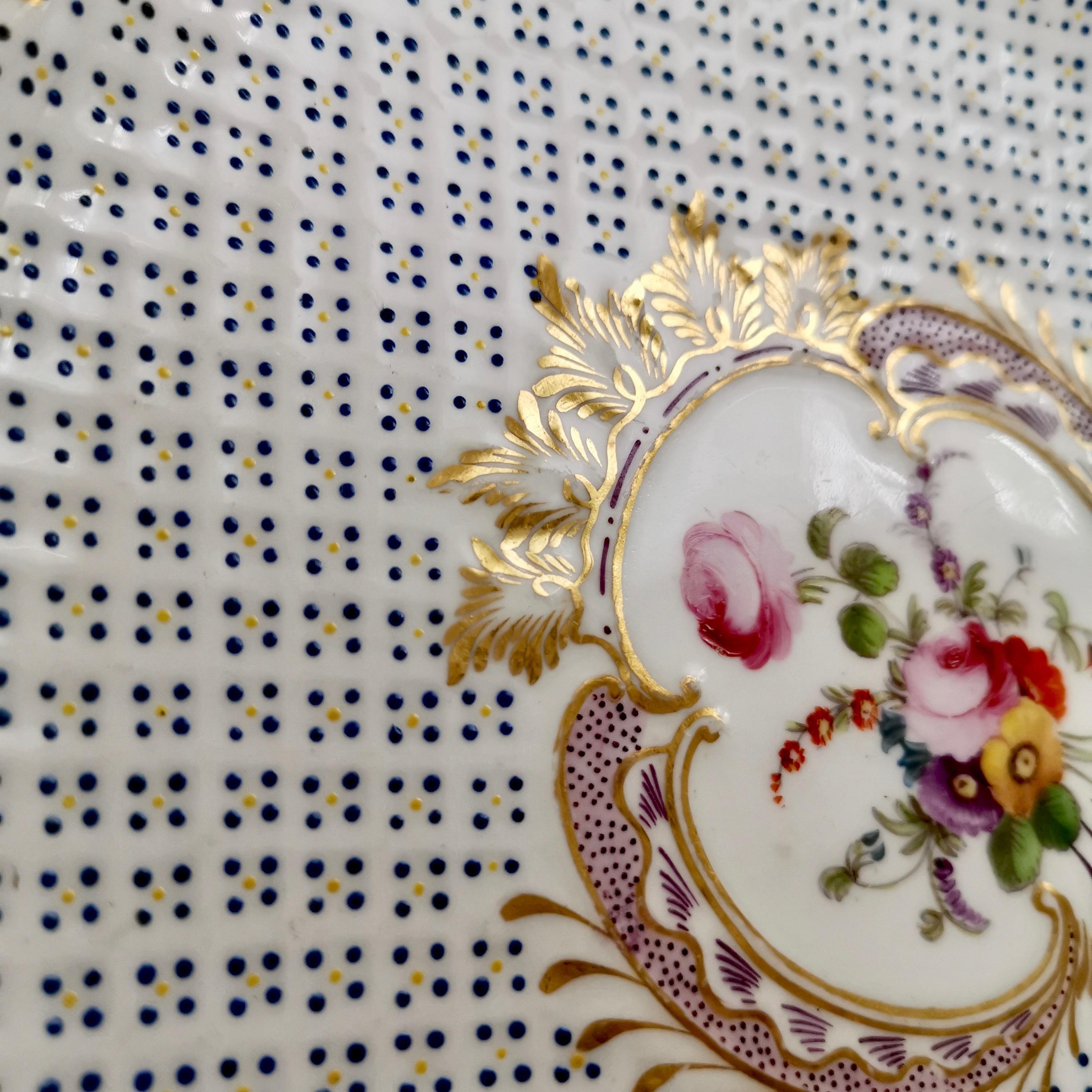 Coalport Porcelain Plate, Moulded Surface, White, Blue, Flowers, Regency ca 1820 4