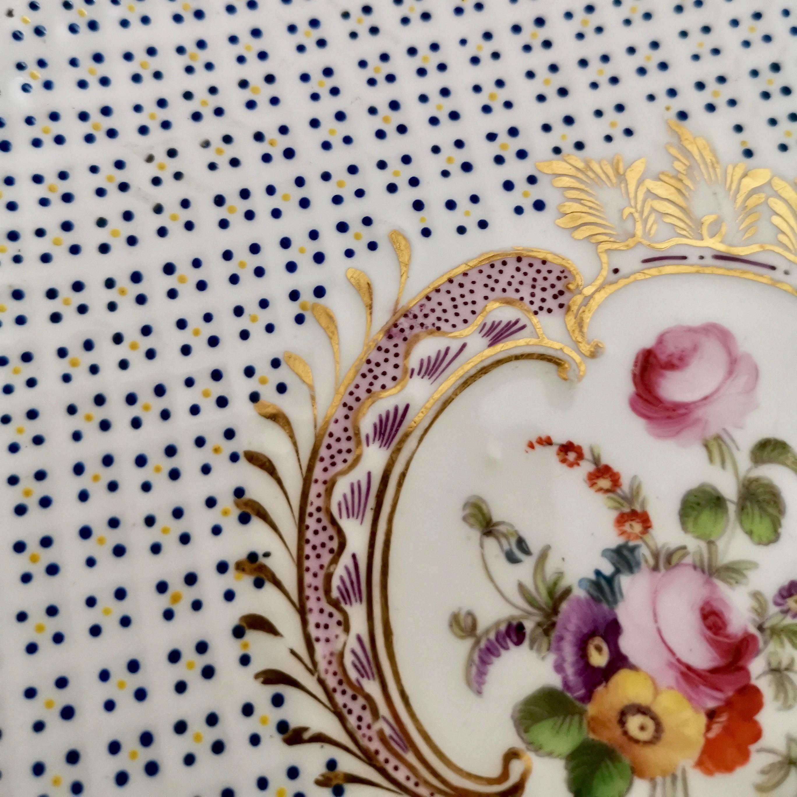 Coalport Porcelain Plate, Moulded Surface, White, Blue, Flowers, Regency ca 1820 5